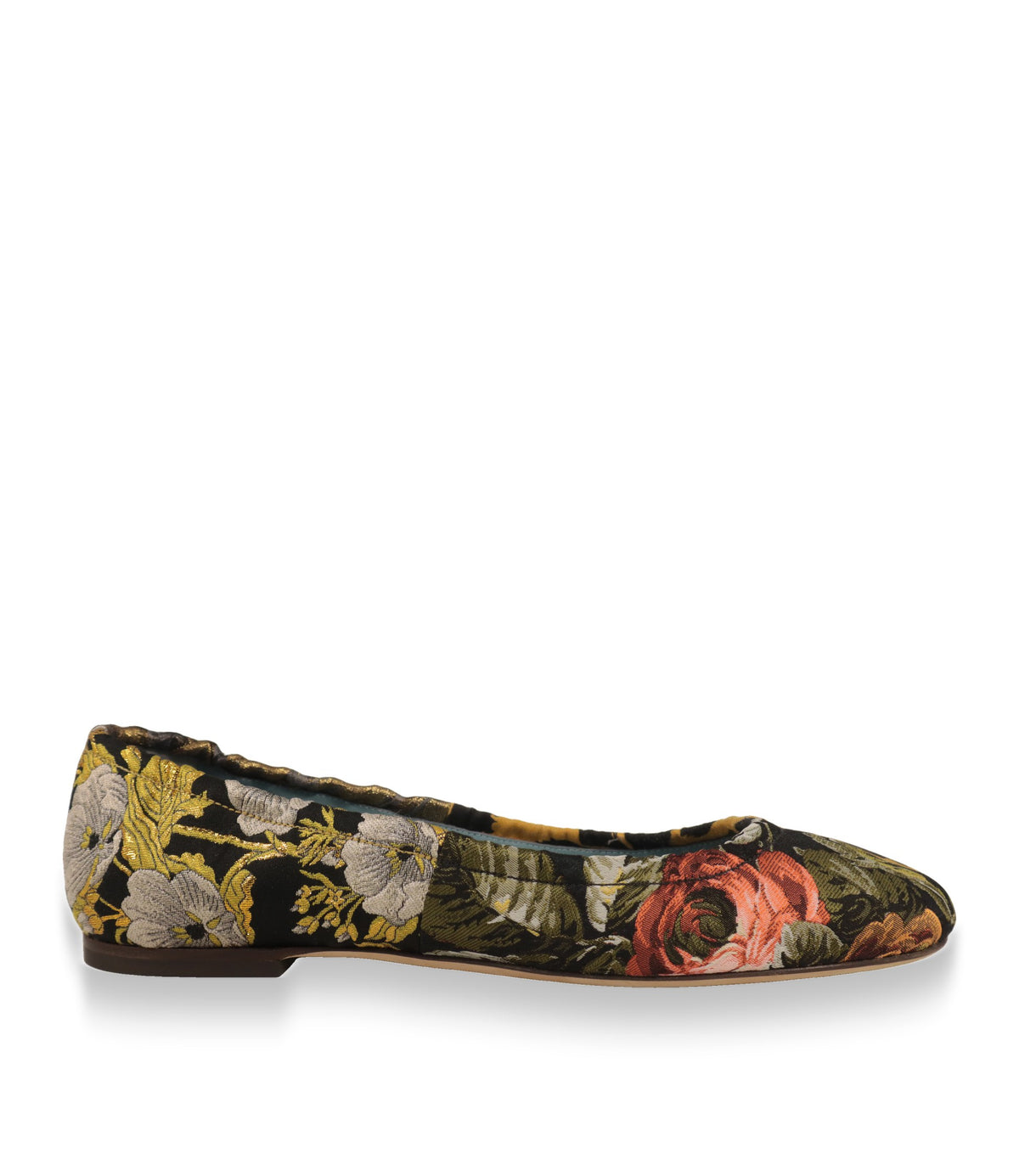 Dolce & Gabbana Ballerinas in Patchwork-Jacquard, Seitenansicht mit Blüten in Gold, Grau und Koralle