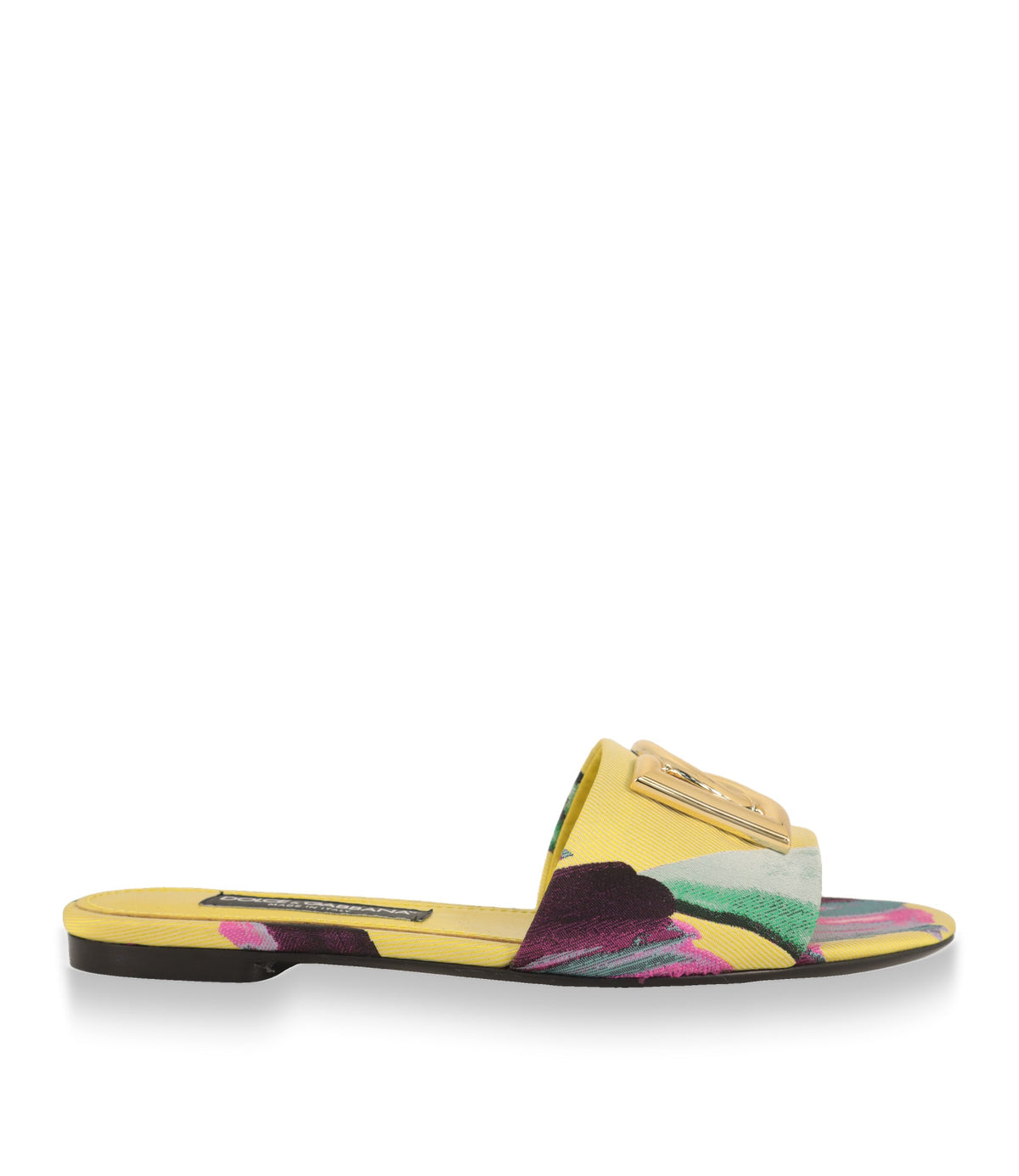 Dolce & Gabbana Pantoletten Größe 39 in Gelb mit floralem Jacquard in der Seitenansicht