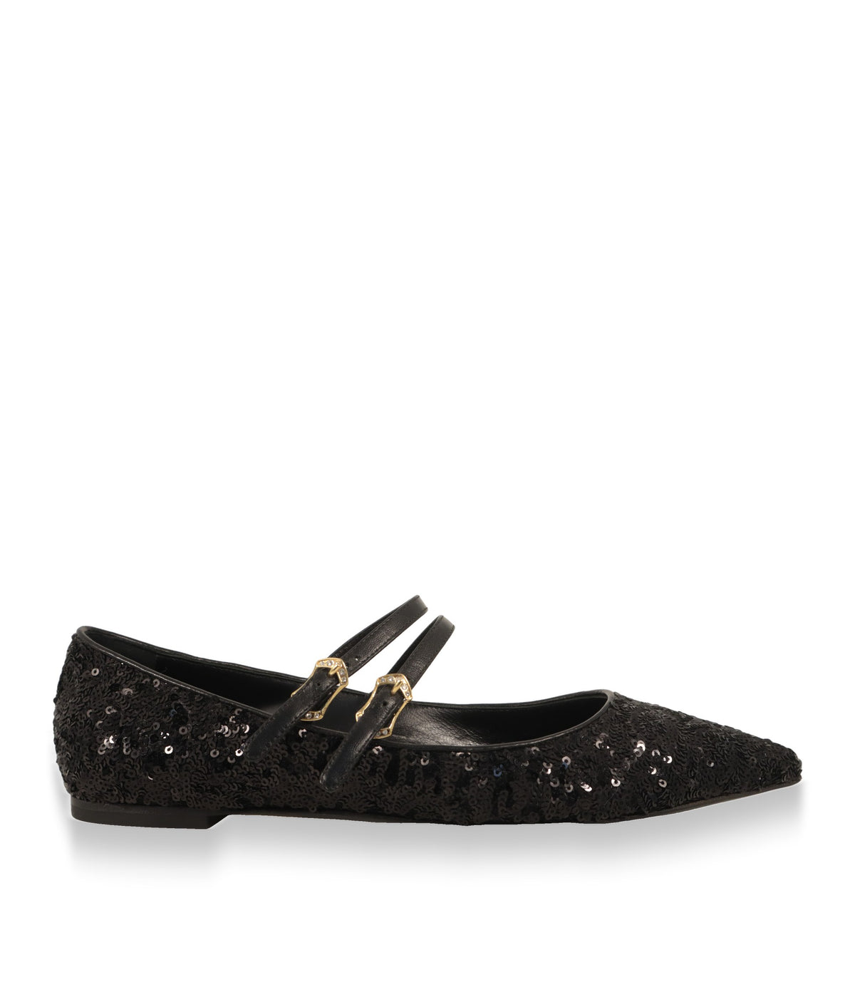 Dolce & Gabbana Ballerinas in Schwarz mit Pailletten, Seitenansicht mit Mary-Jane-Riemchen