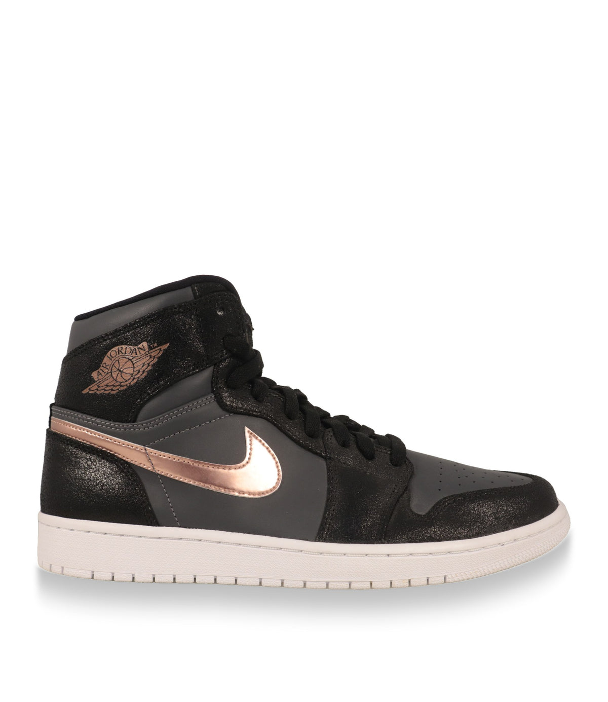 Air Jordan High-Top Sneaker Größe 45 in Schwarz und Grau mit bronzefarbenem Swoosh, Seitenansicht