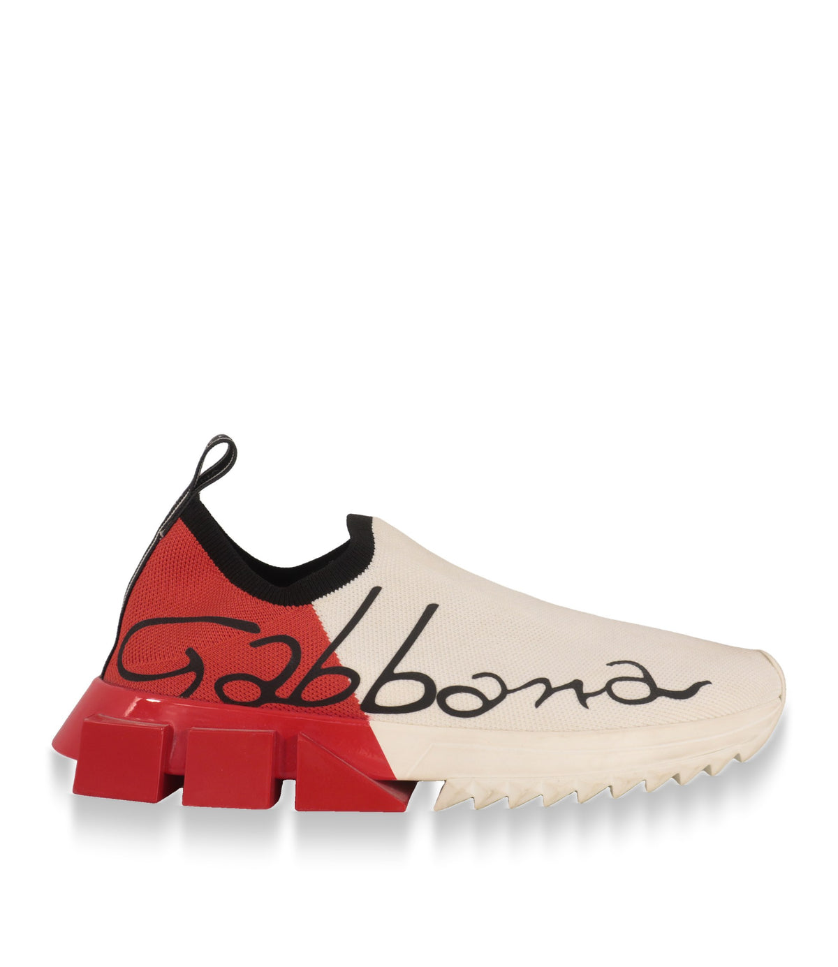 Dolce & Gabbana Slip-On Sneaker in Weiß und Rot, Seitenansicht mit schwarzem Gabbana-Schriftzug
