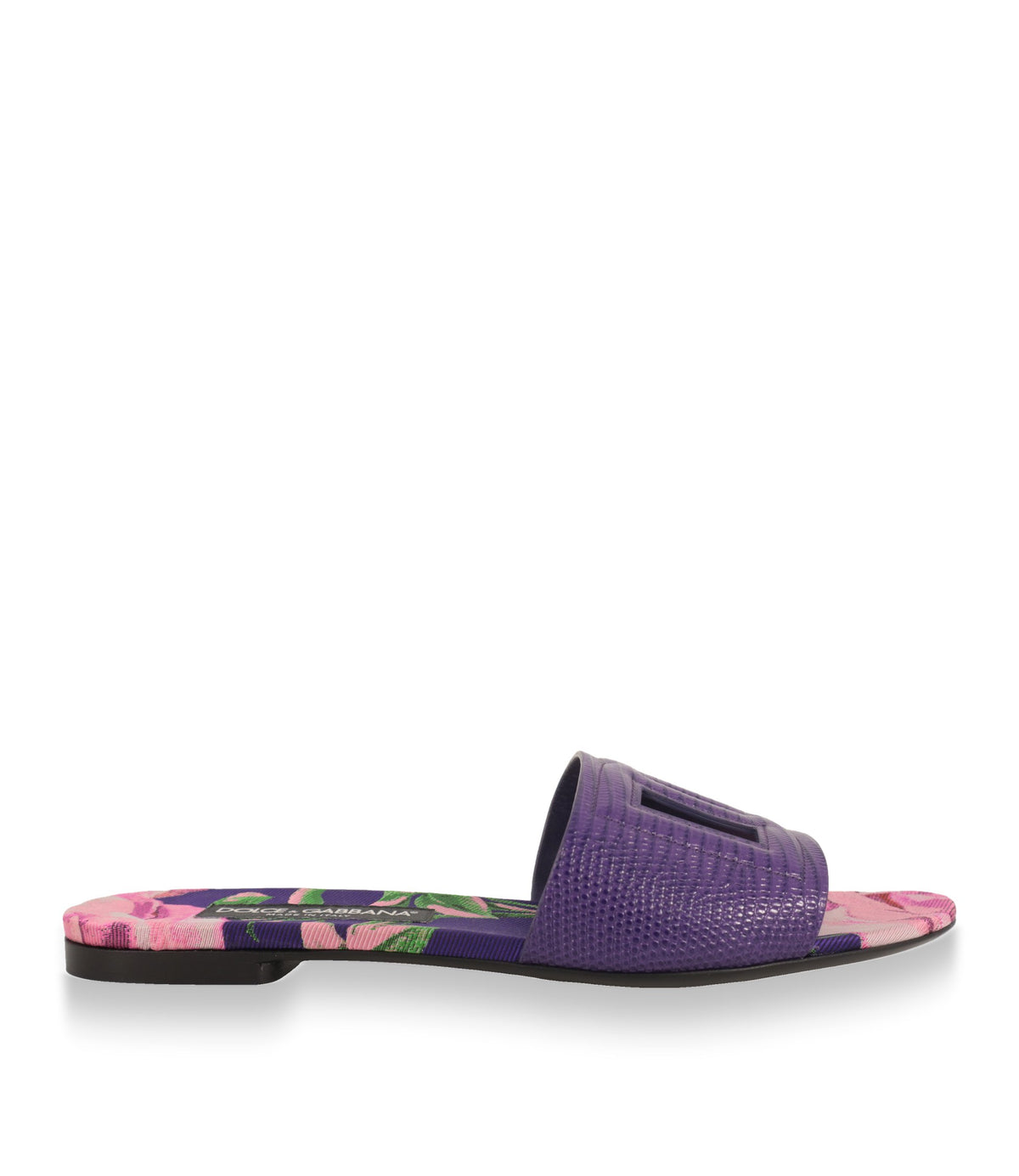 Dolce & Gabbana Pantoletten in Lila mit Blumenmuster, Seitenansicht
