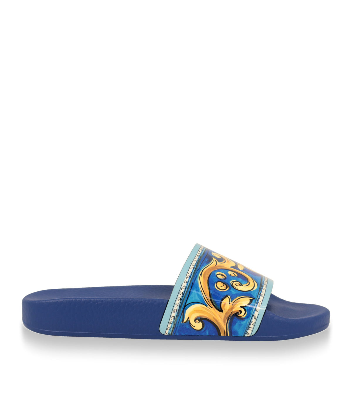 Dolce & Gabbana Badesandalen in Blau mit goldenem Majolika-Print, Seitenansicht