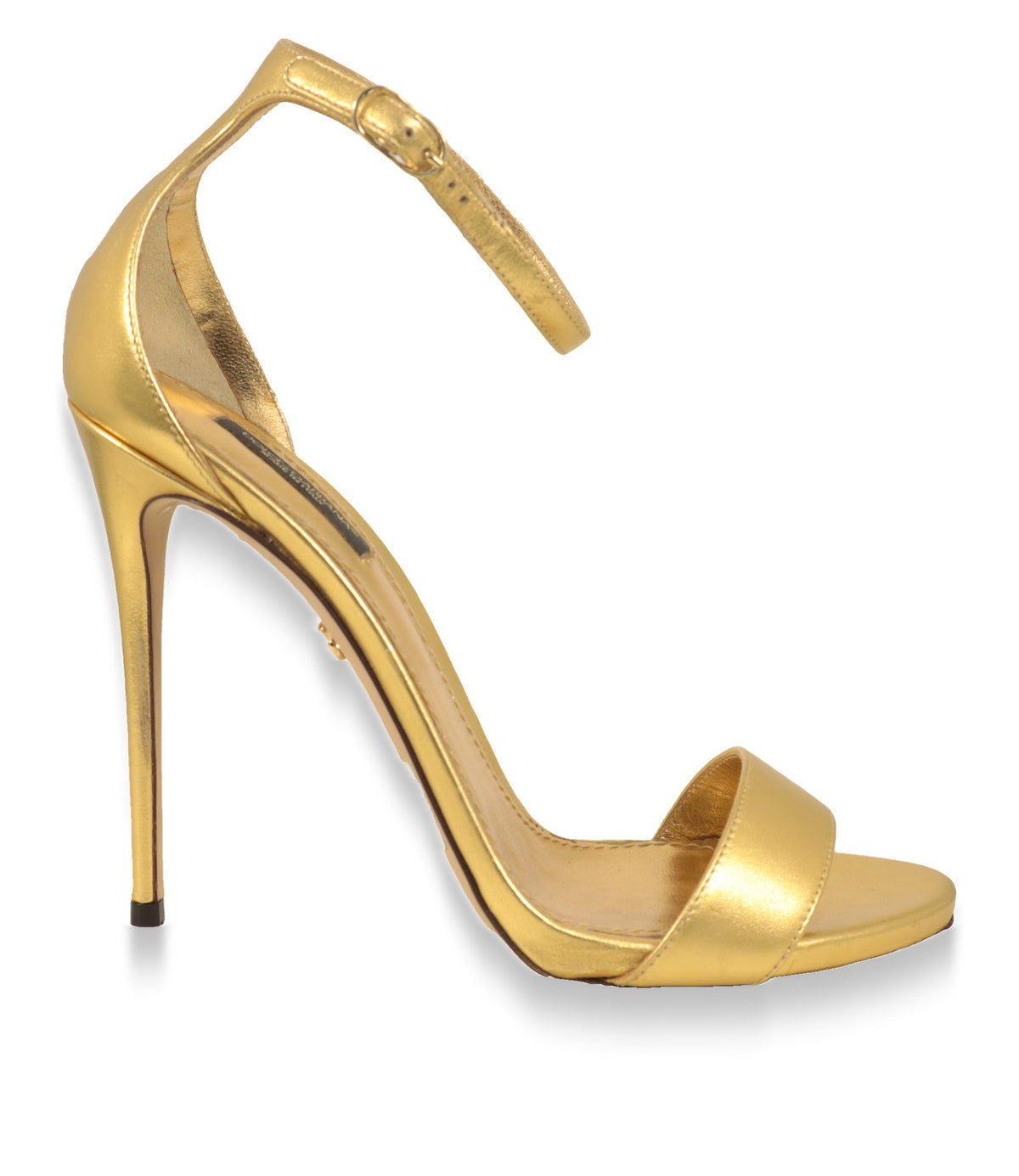 Dolce & Gabbana Sandaletten in Gold aus Leder mit hohem Stiletto-Absatz, Seitenansicht