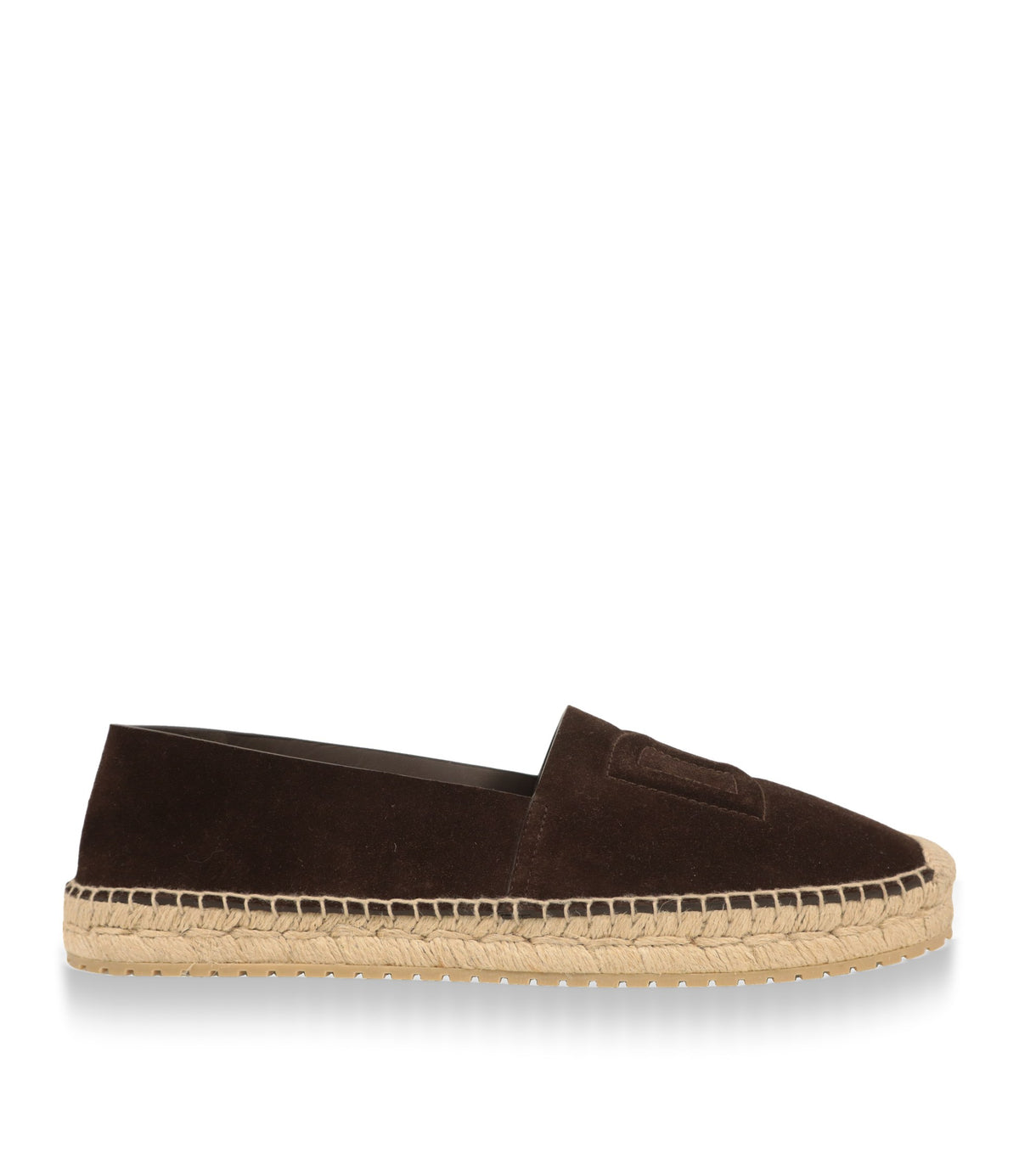 Dolce & Gabbana Espadrilles aus braunem Wildleder in der Seitenansicht mit Bastsohle