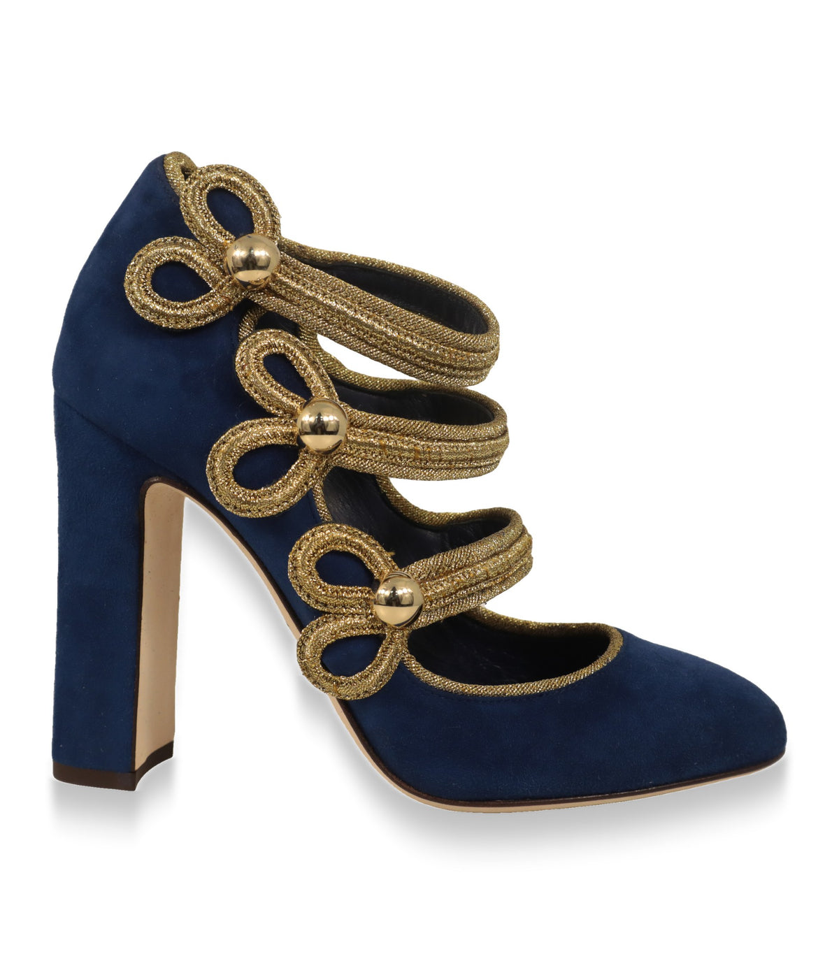 Dolce & Gabbana Mary Jane Schuhe aus blauem Wildleder mit goldenen Schleifenriemen in der Seitenansicht