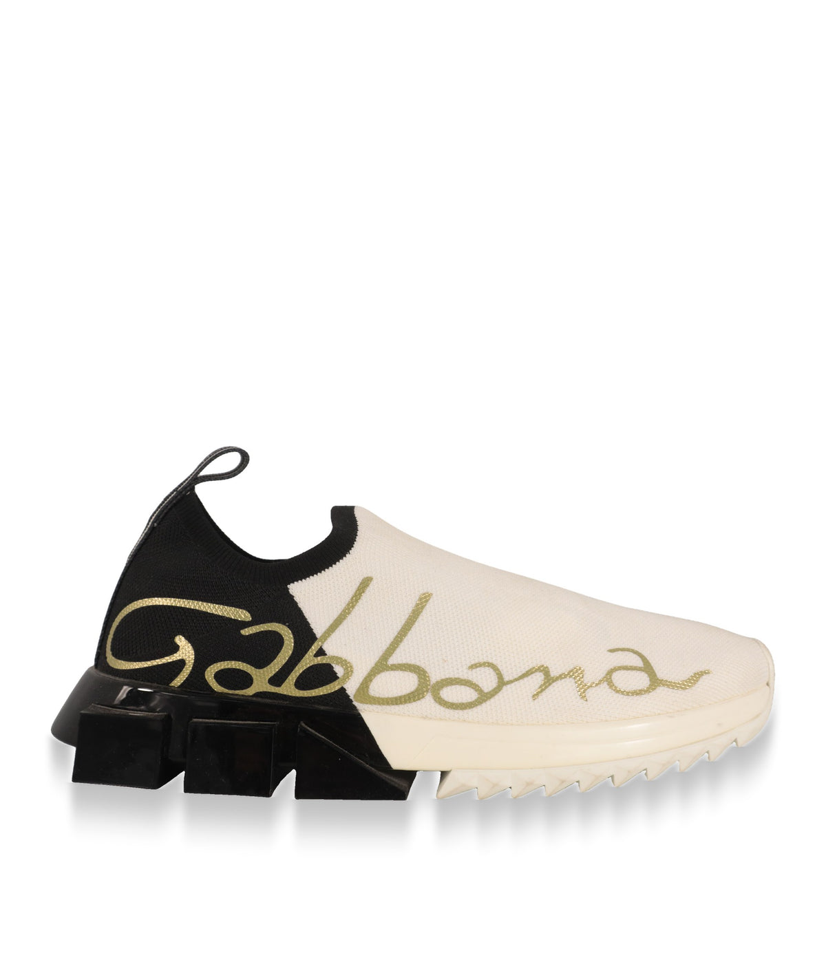 Dolce & Gabbana Slip-On Sneaker in Weiß und Schwarz mit goldenem Schriftzug, Seitenansicht