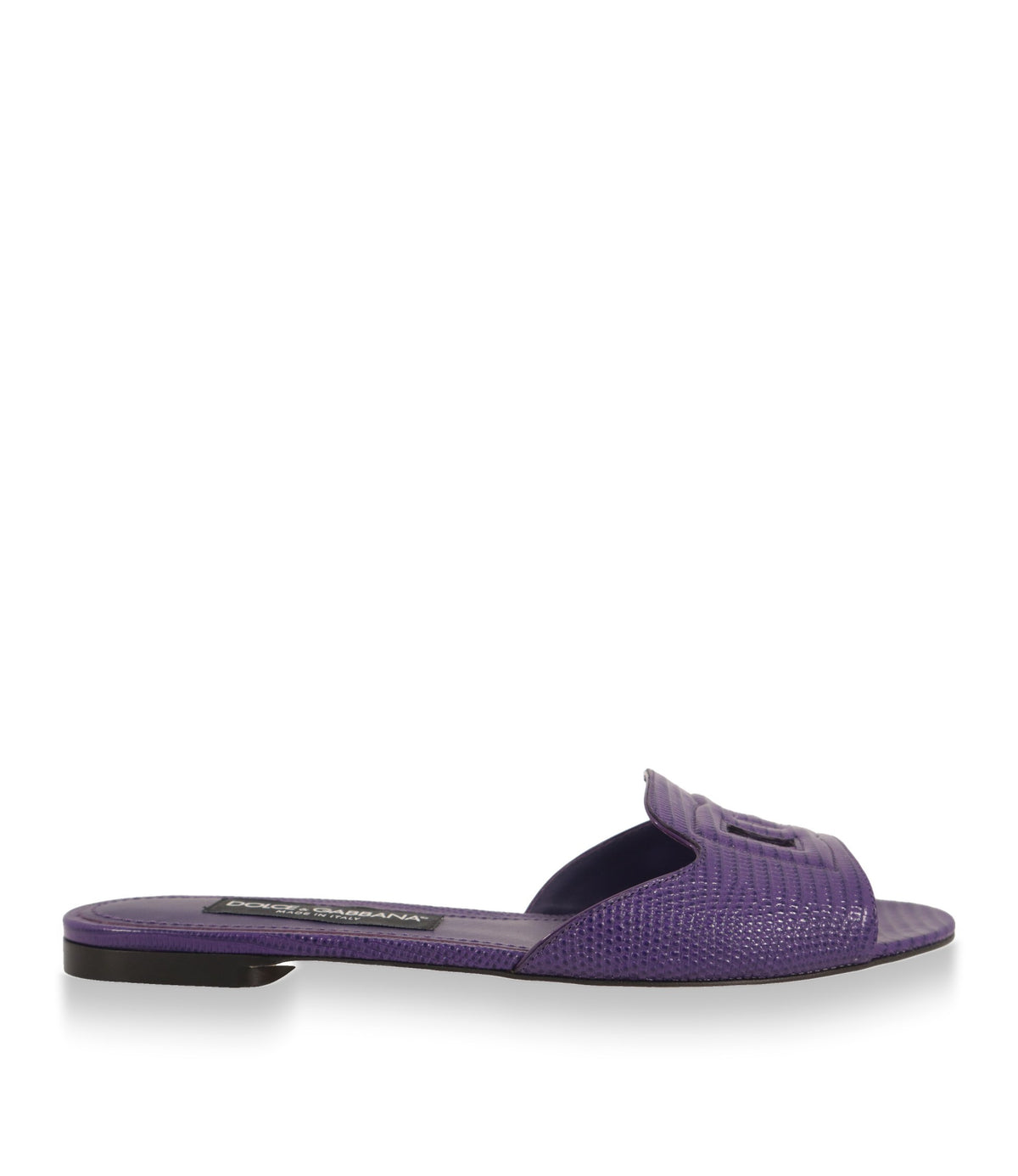 Dolce & Gabbana Pantoletten in Lila aus Leder mit Iguana-Prägung, Seitenansicht