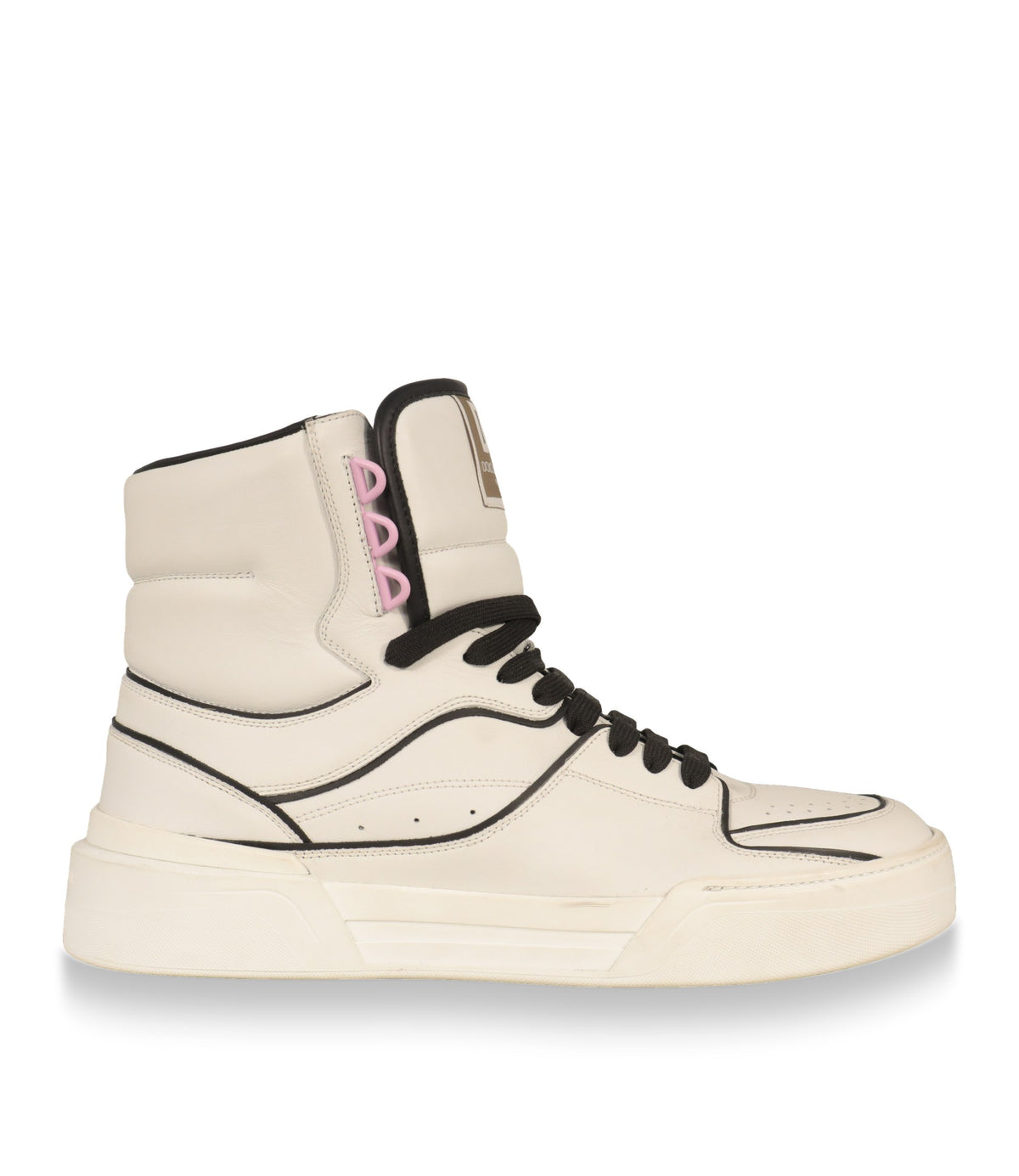 Dolce & Gabbana High-Top Sneaker in Weiß aus Kalbsleder, Seitenansicht mit schwarzen Kontrastlinien