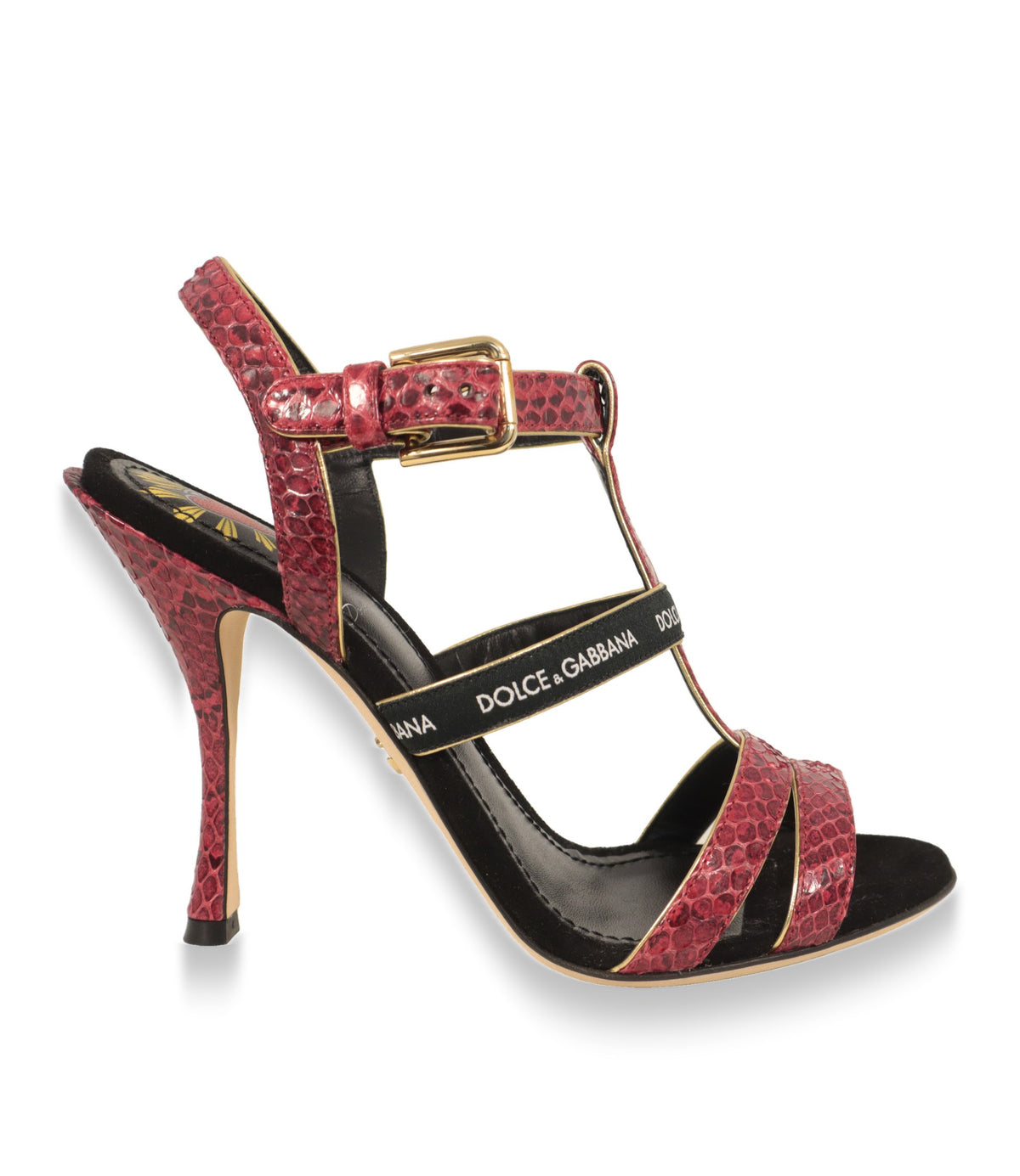 Dolce & Gabbana Sandaletten Größe 35 in Rubinrot und Schwarz, Seitenansicht mit Stiletto-Absatz