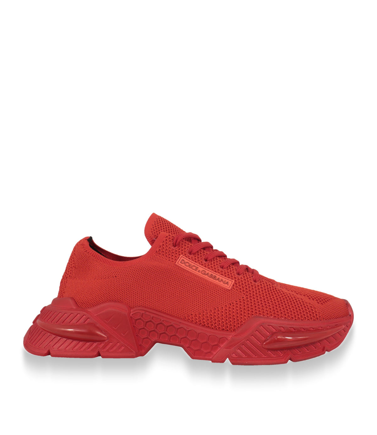 Dolce & Gabbana Sneaker in Rot aus Strickgewebe, Seitenansicht mit Logo-Patch