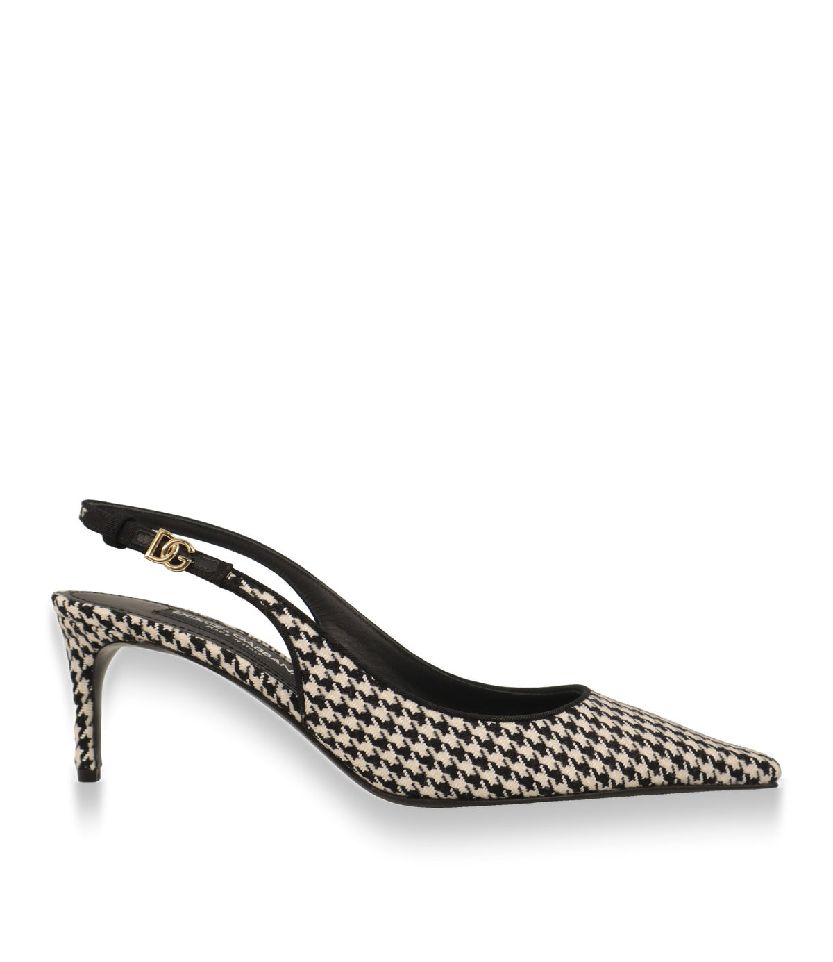 Dolce & Gabbana Slingback Pumps in Hahnentritt Schwarz Weiß, Seitenansicht mit Stiletto-Absatz