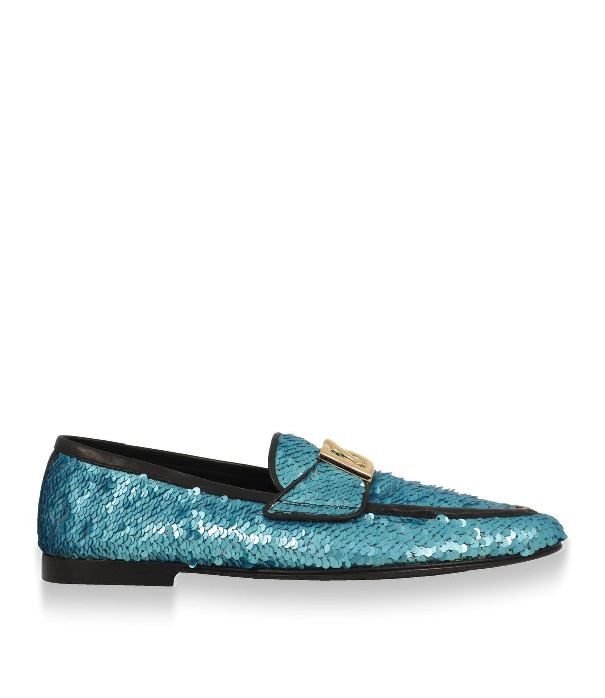 Dolce & Gabbana Loafer Größe 44 in Türkis mit Pailletten und schwarzem Lederbesatz, Seitenansicht