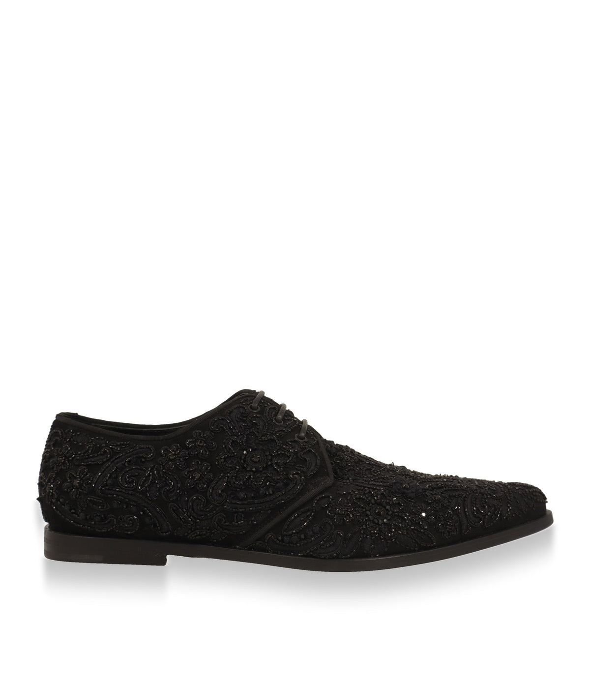 Dolce & Gabbana Derby Schuhe in Schwarz aus Wildleder mit Perlenstickerei, Seitenansicht