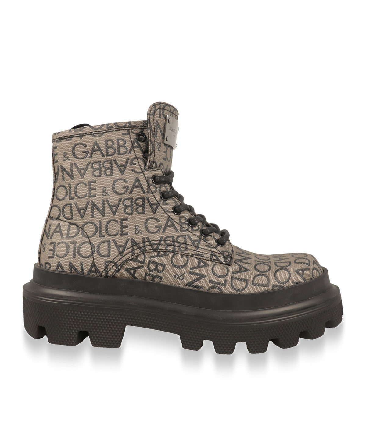 Dolce & Gabbana Boots in Beige-Grau mit Logo-Jacquard und schwarzer Profilsohle in der Seitenansicht