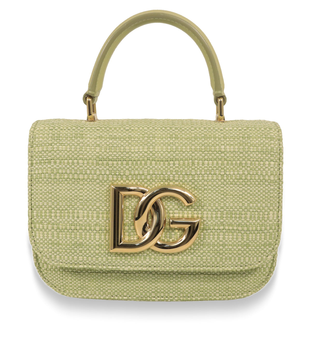 Dolce & Gabbana Handtasche in Hellgrün aus Raffia-Gewebe mit goldenem DG-Logo, Frontansicht