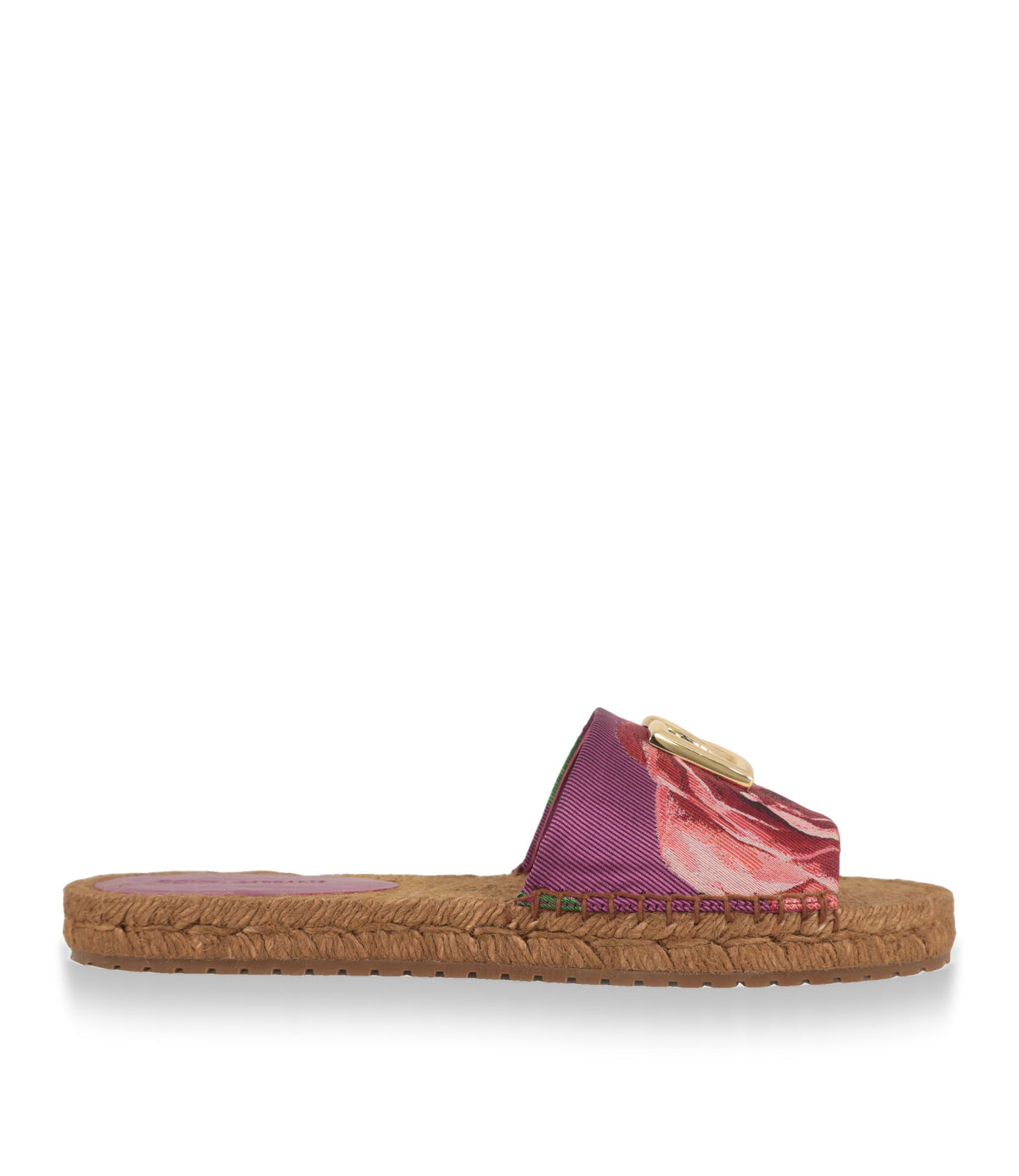 Dolce & Gabbana Espadrilles in Fuchsia mit Rosenmuster, Seitenansicht mit Bastsohle