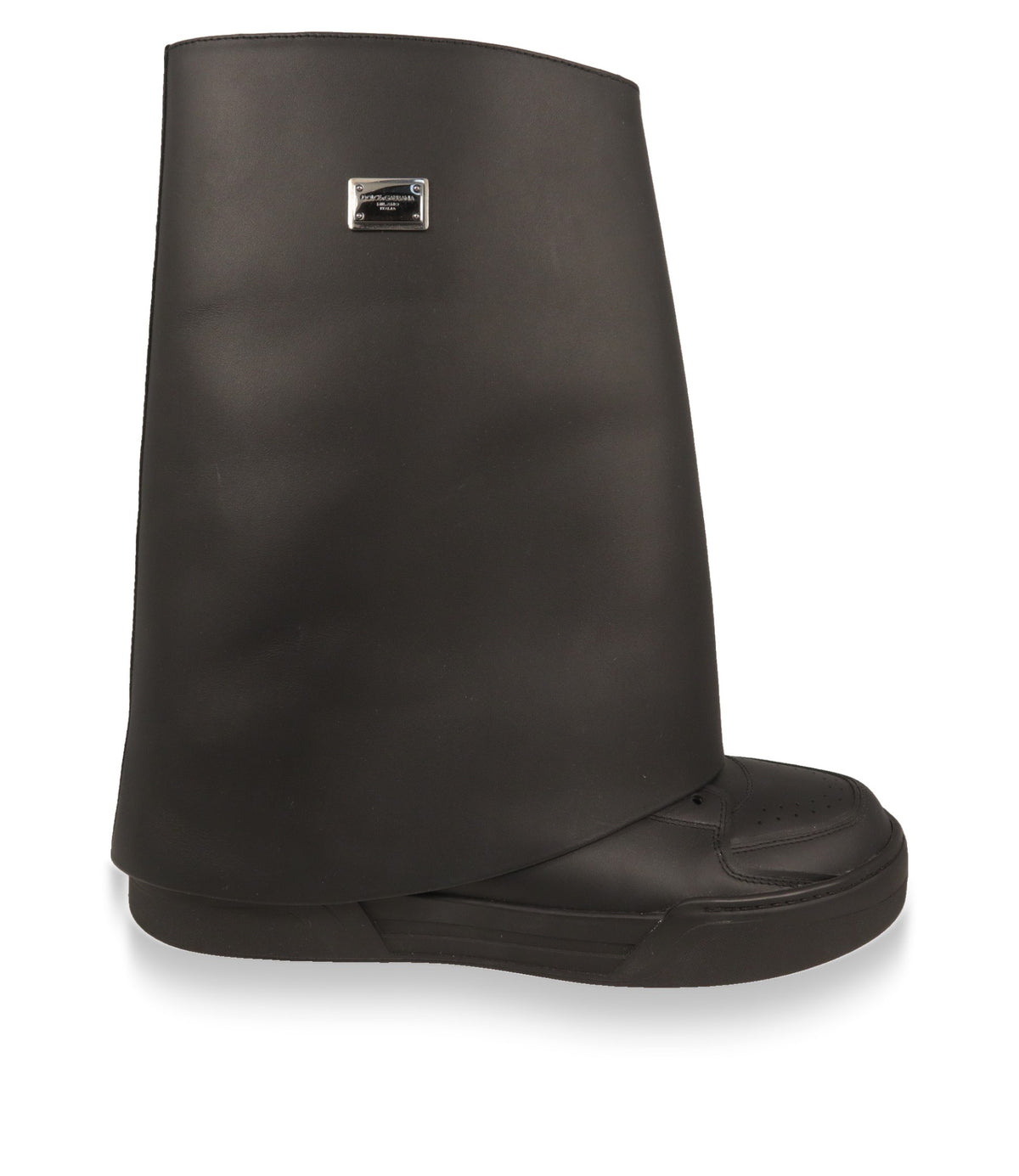 Dolce & Gabbana Stiefel in Schwarz aus Leder mit hohem Schaft und Metallplakette, Seitenansicht