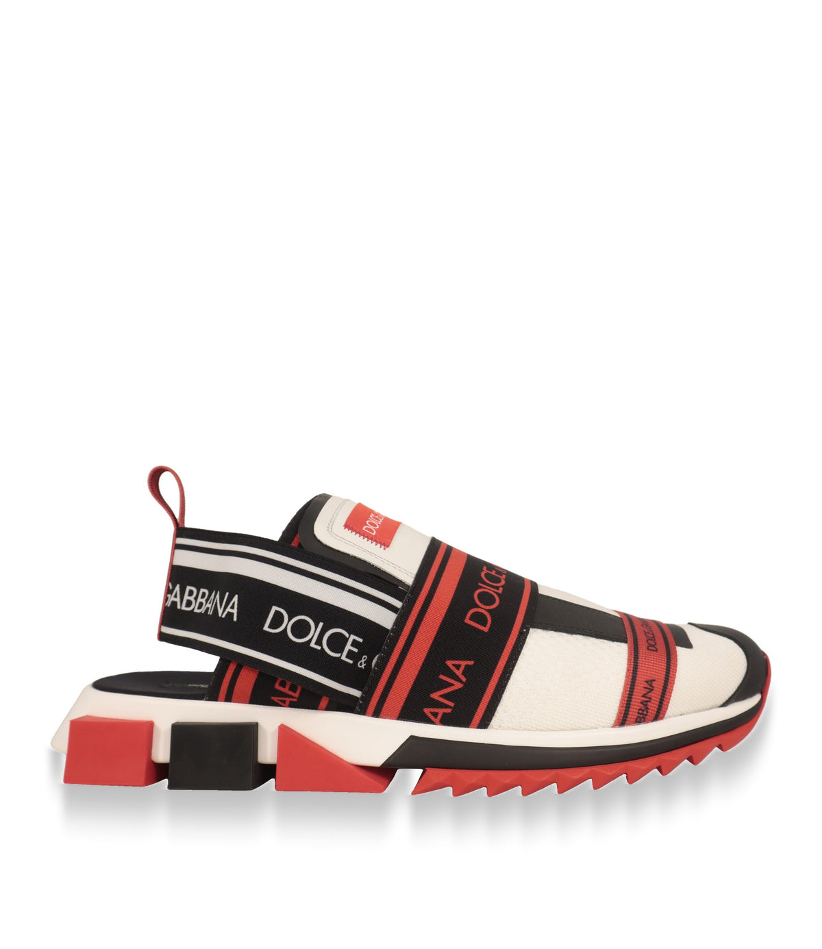 Dolce & Gabbana Slip-On Sneaker in Rot, Schwarz und Weiß – Seitenansicht mit Logoband
