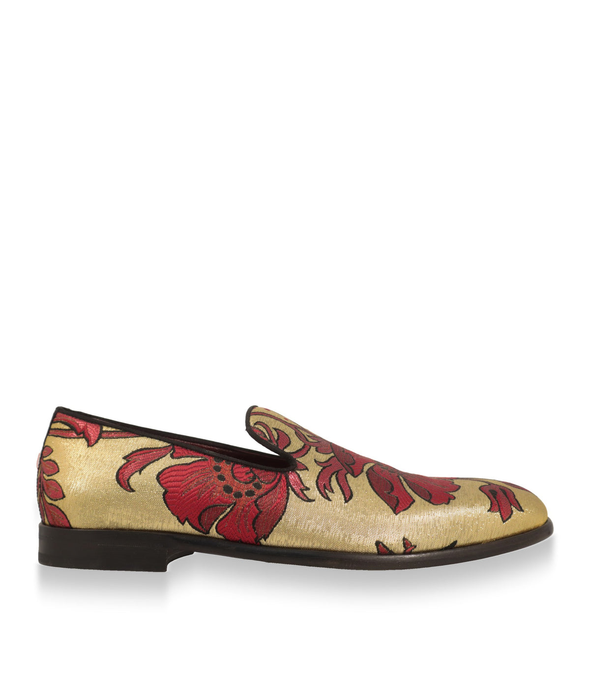 Dolce & Gabbana Slipper in Gold mit rotem Blumenmuster, Seitenansicht