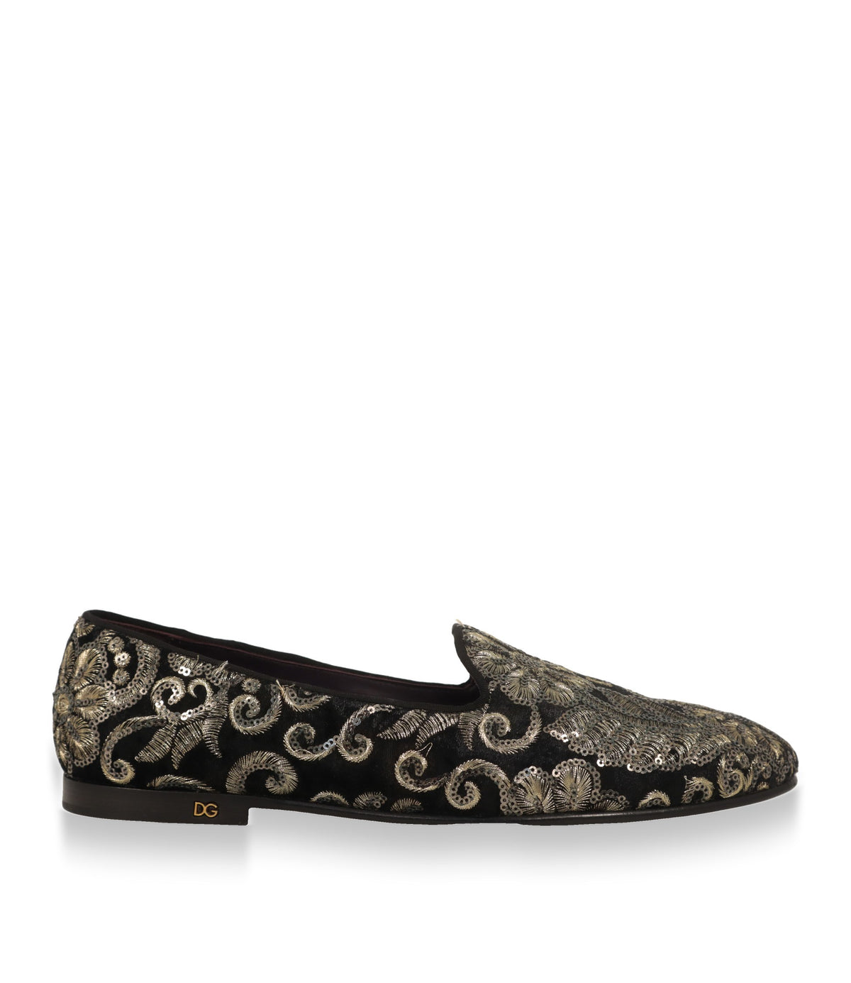 Dolce & Gabbana Slipper in Schwarz mit goldener Stickerei, Seitenansicht