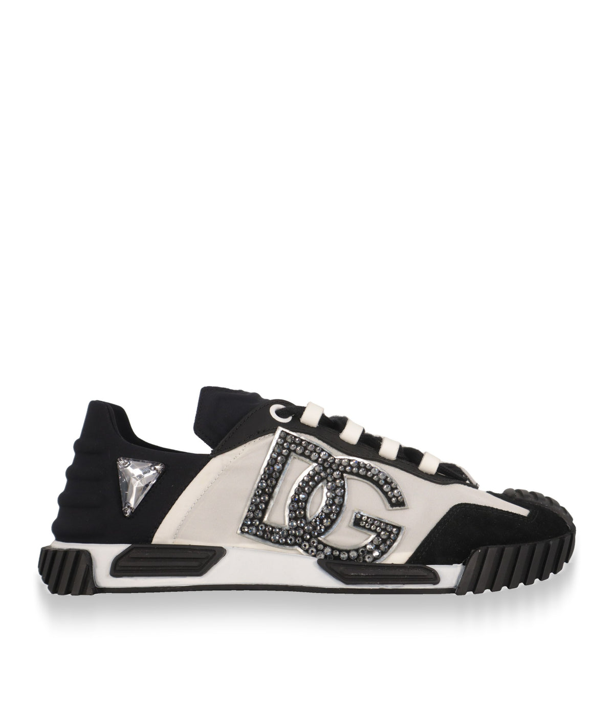 Dolce & Gabbana Sneaker in Weiß und Schwarz mit Kristall-DG-Logo, Seitenansicht