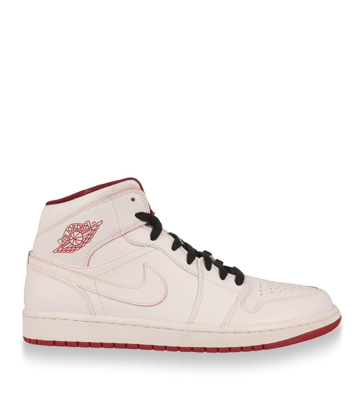 Air Jordan High-Top Sneaker in Weiß mit rotem Air-Jordan-Logo in der Seitenansicht