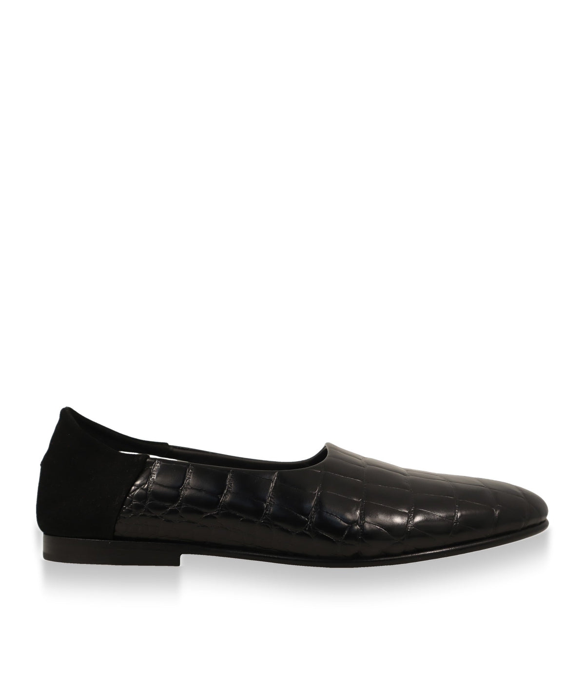 Dolce & Gabbana Slipper in Schwarz aus Leder mit Krokoprägung, Seitenansicht