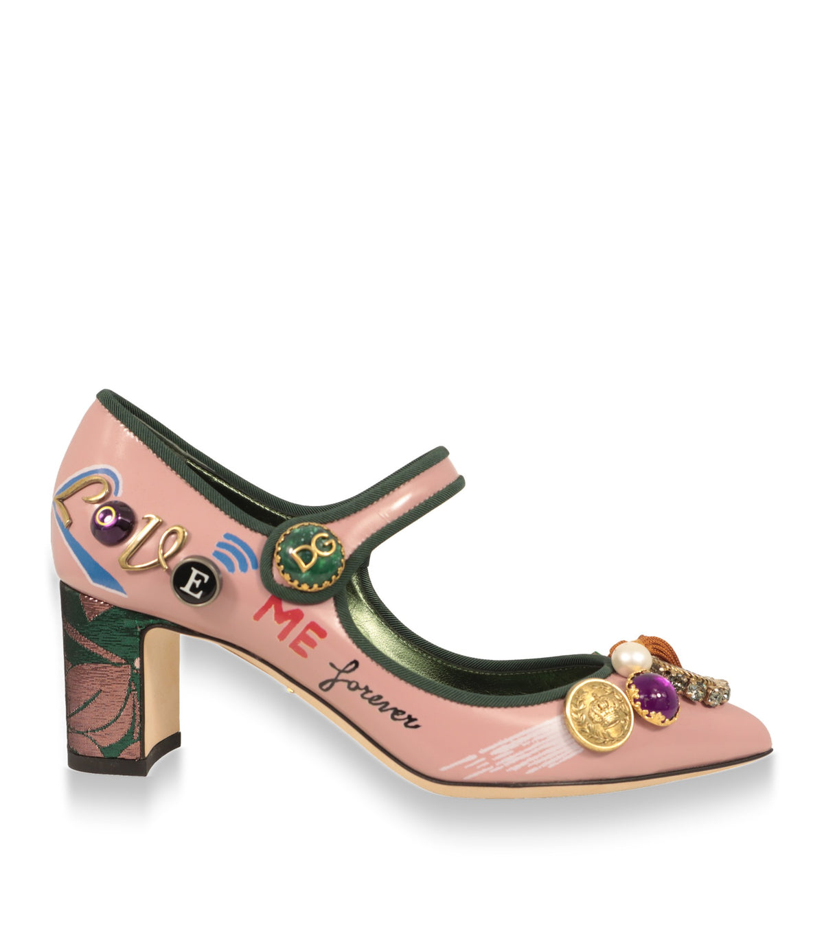 Dolce & Gabbana Mary Jane Schuhe in Rosa mit Blockabsatz und Schmuckapplikationen, Seitenansicht