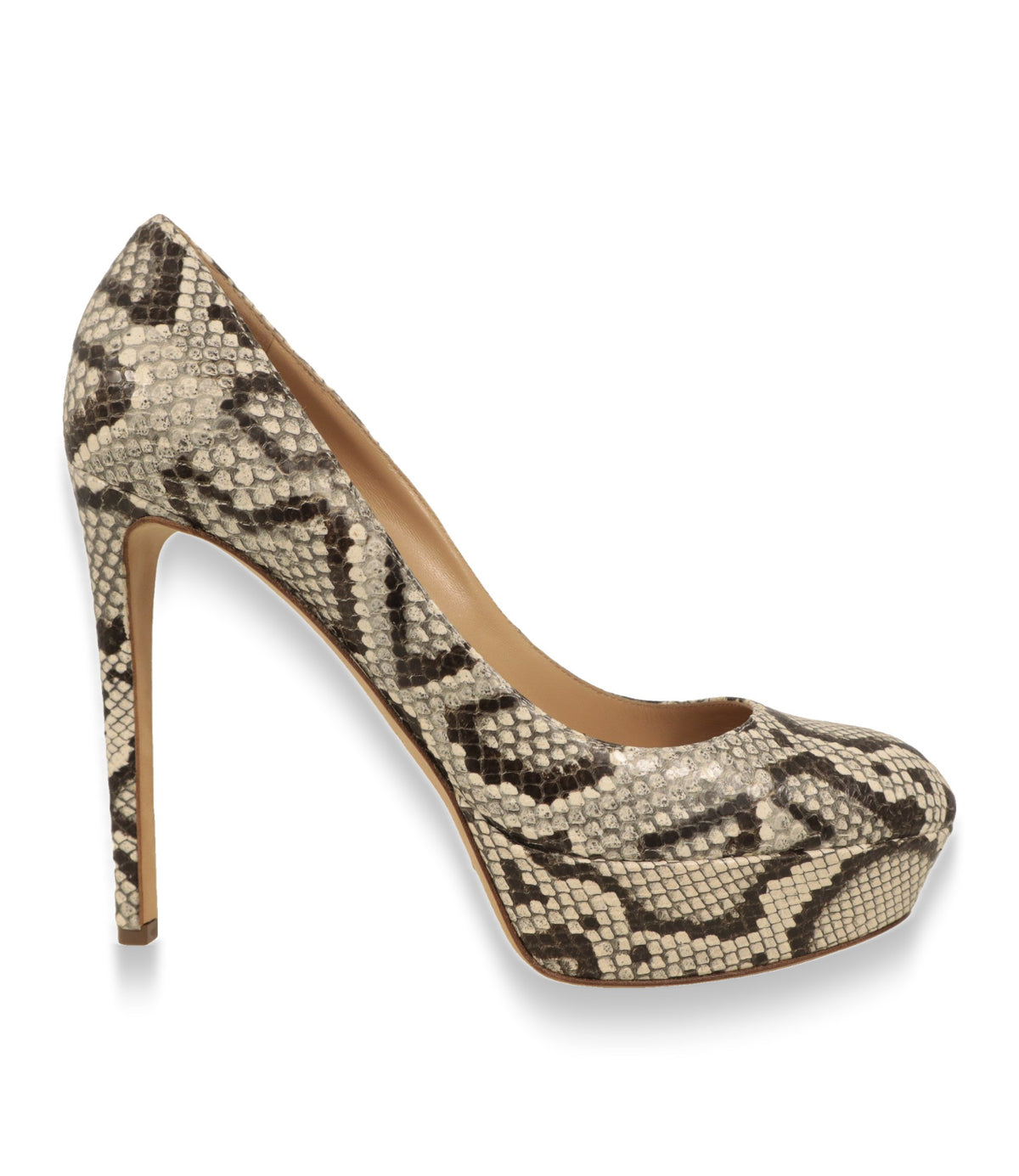 Sergio Rossi Pumps in Schlangenoptik Seitenansicht mit Stiletto-Absatz und Plateau