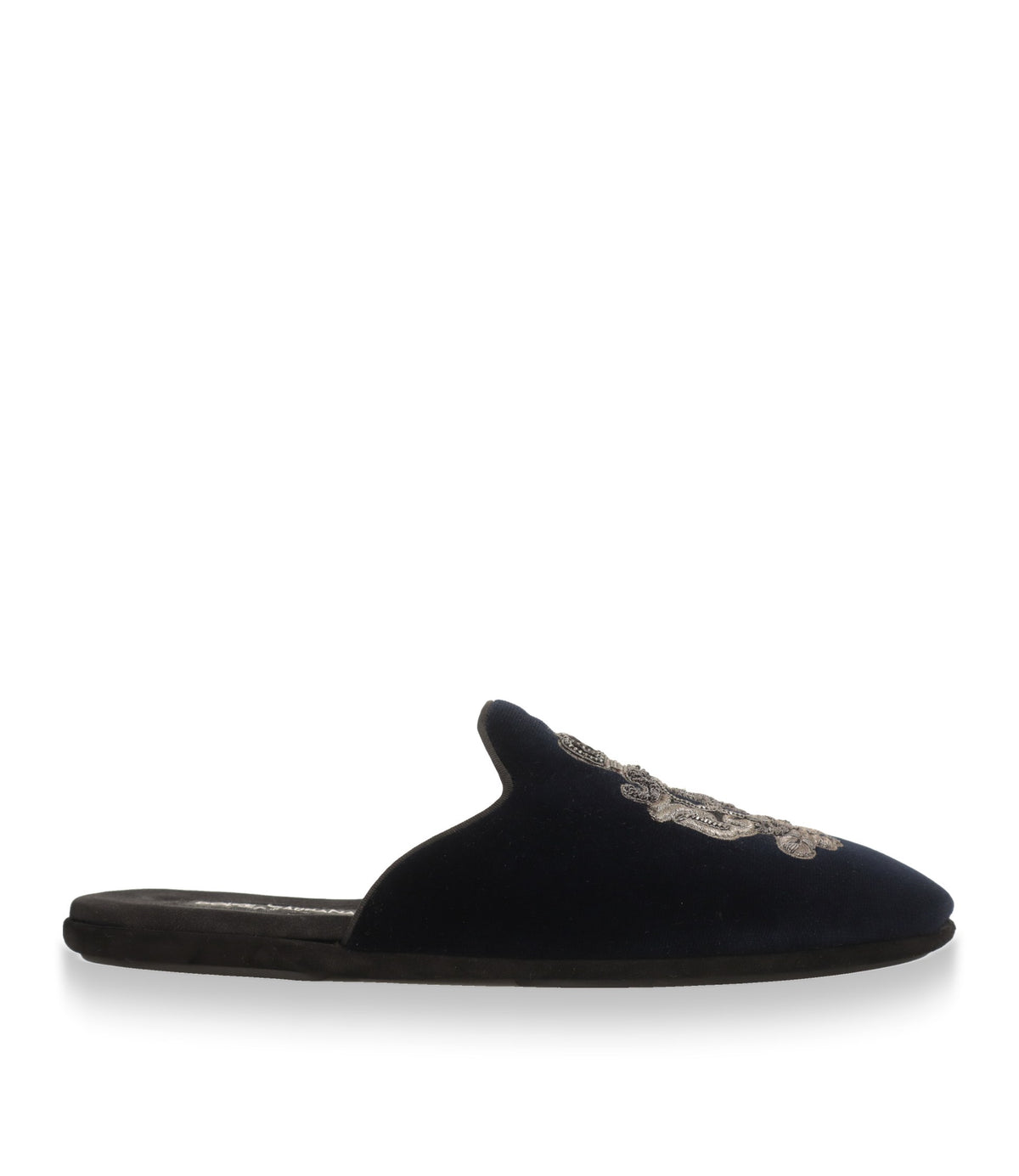 Dolce & Gabbana Slipper aus blauem Samt in der Seitenansicht