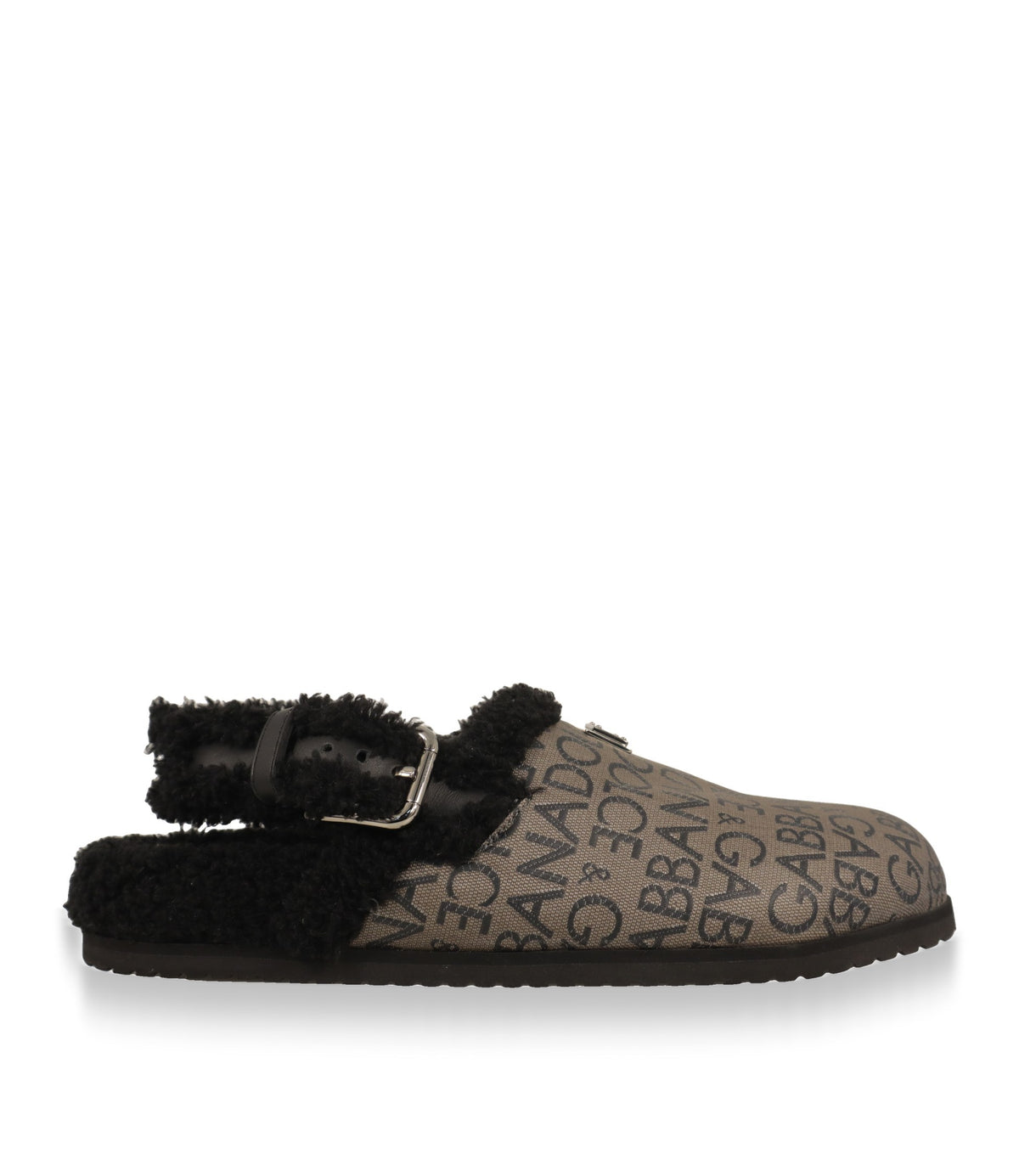 Dolce & Gabbana Pantoletten Größe 44 in Braun/Schwarz, Seitenansicht mit Logo-Jacquard und Lederriemen