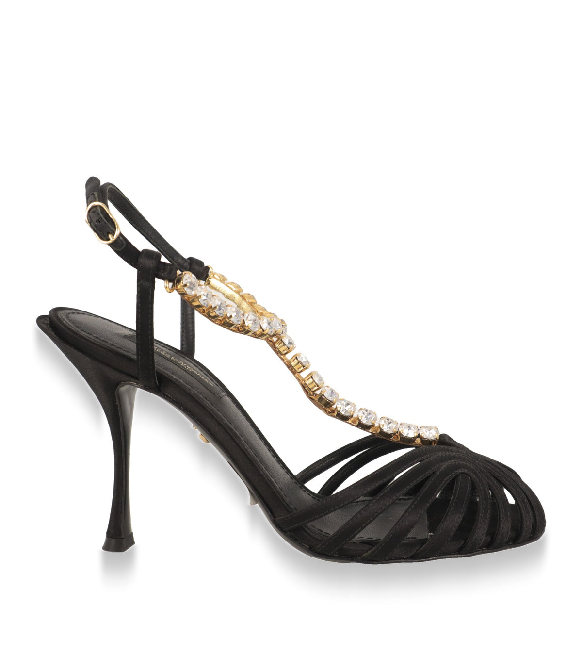 Dolce & Gabbana Sandaletten in Schwarz aus Satin mit Kristall-T-Steg und Stiletto-Absatz, Seitenansicht