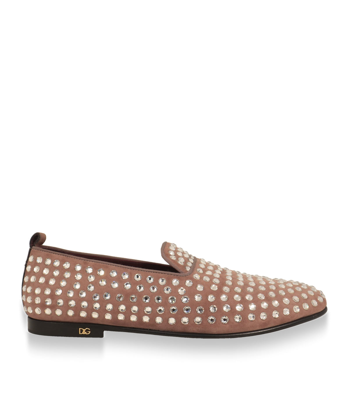 Dolce & Gabbana Slipper aus rosé Wildleder mit Kristallbesatz in der Seitenansicht