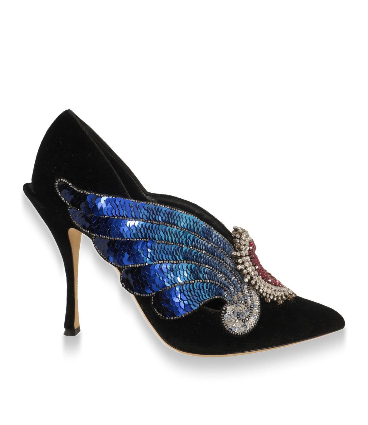 Dolce & Gabbana Pumps aus schwarzem Samt mit blauer Paillettenstickerei, Seitenansicht
