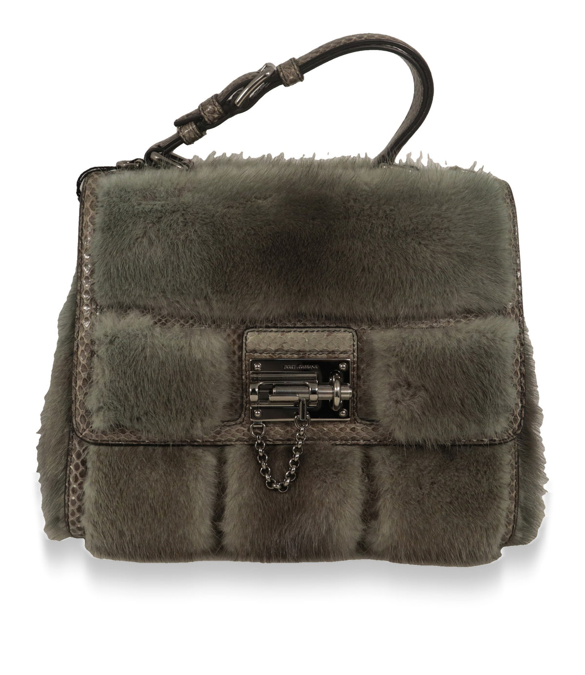 Dolce & Gabbana Handtasche aus grauem Nerzpelz mit Python-Details und Silberschloss, Frontansicht