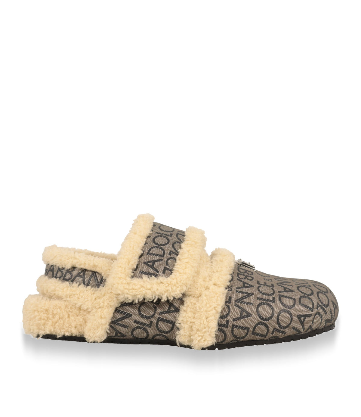 Dolce & Gabbana Pantoletten in Beige-Grau mit Logo-Jacquard und cremefarbenem Fellbesatz, Seitenansicht