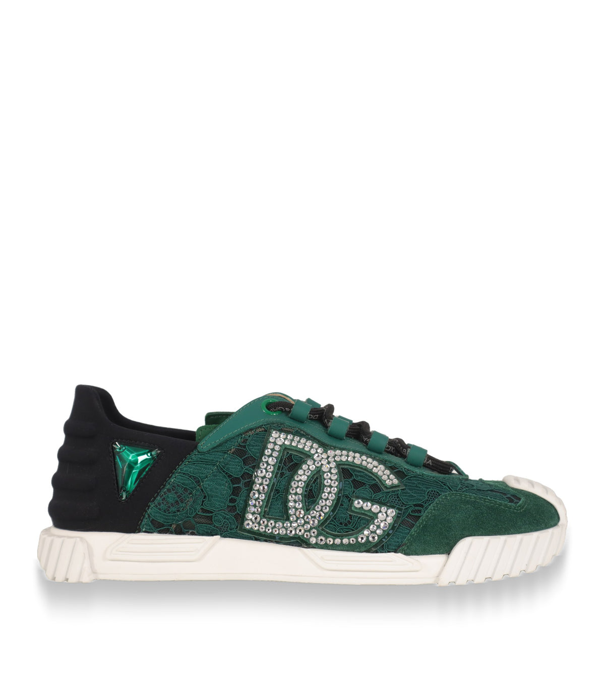 Dolce & Gabbana Sneaker in Grün mit Spitze und Kristall-DG-Logo, Seitenansicht