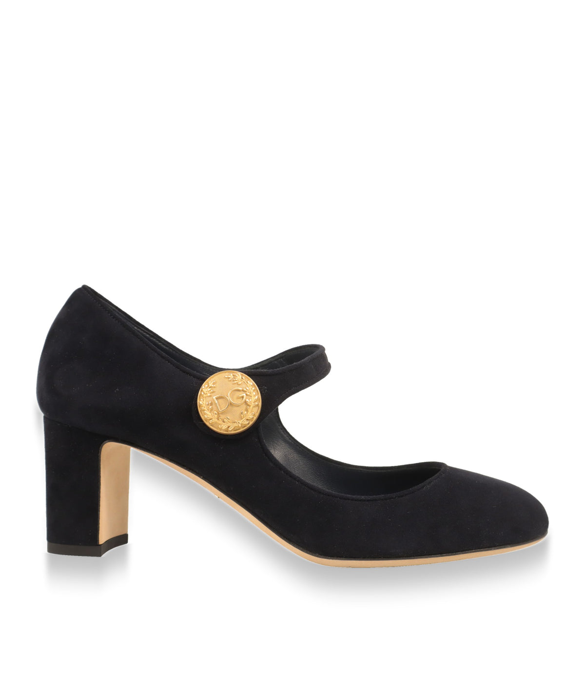 Dolce & Gabbana Mary Jane Schuhe aus marineblauem Veloursleder in der Seitenansicht mit Blockabsatz