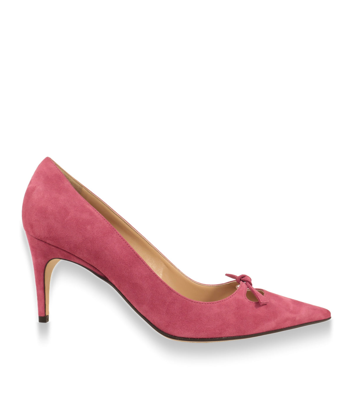 Sergio Rossi Pumps aus pinkem Wildleder in Seitenansicht mit schlankem Stiletto-Absatz