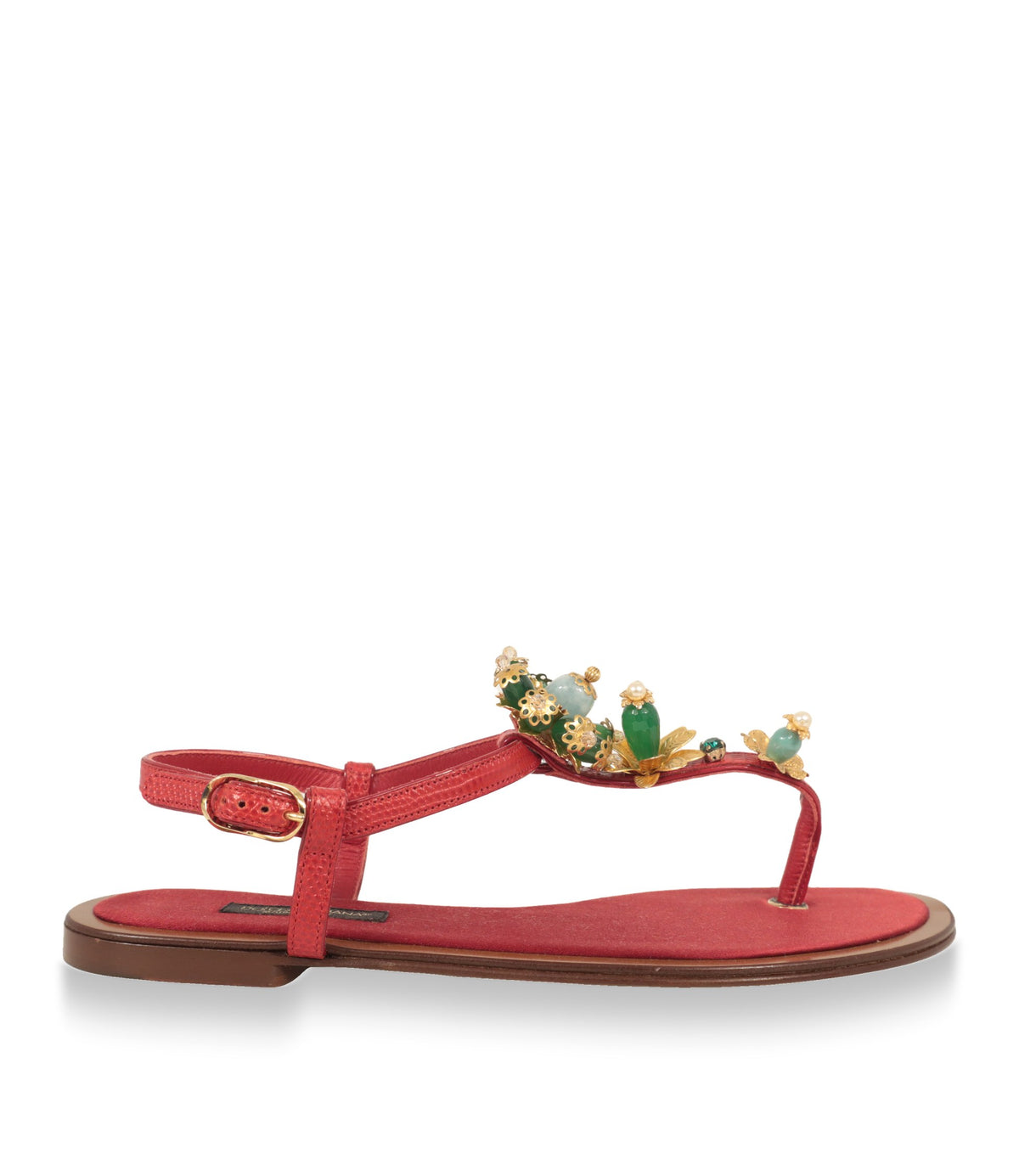 Dolce & Gabbana Sandalen in Rot aus Kalbsleder mit goldener Blüten-Applikation, Seitenansicht