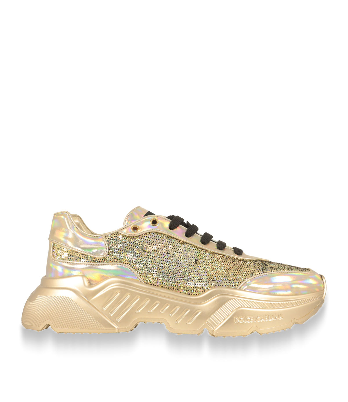 Dolce & Gabbana Sneaker in Gold mit Pailletten und holografischem Leder, Seitenansicht