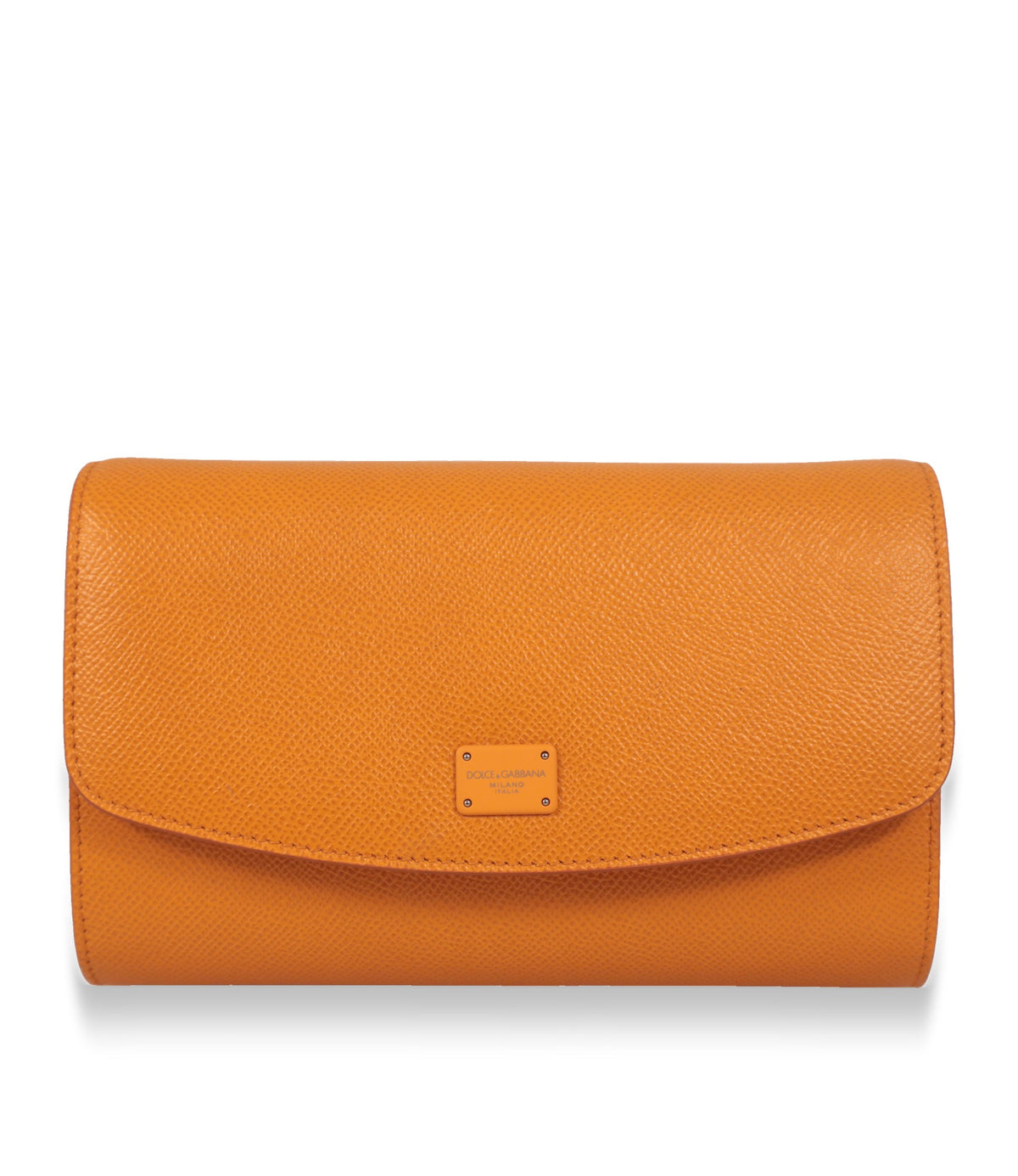 Dolce & Gabbana Umhängetasche in Orange aus genarbtem Kalbsleder, Frontansicht mit Logoplakette