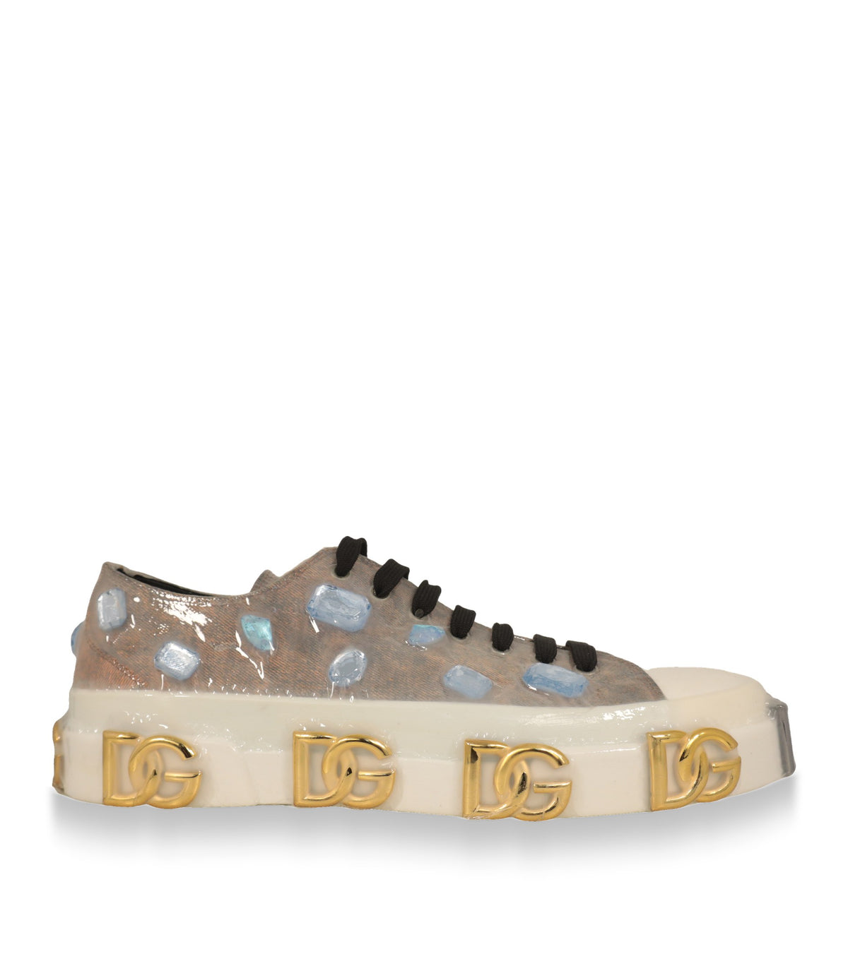 Dolce & Gabbana Sneaker in Braun mit blauen Kristallen und weißer Sohle mit goldenem DG-Logo, Seitenansicht