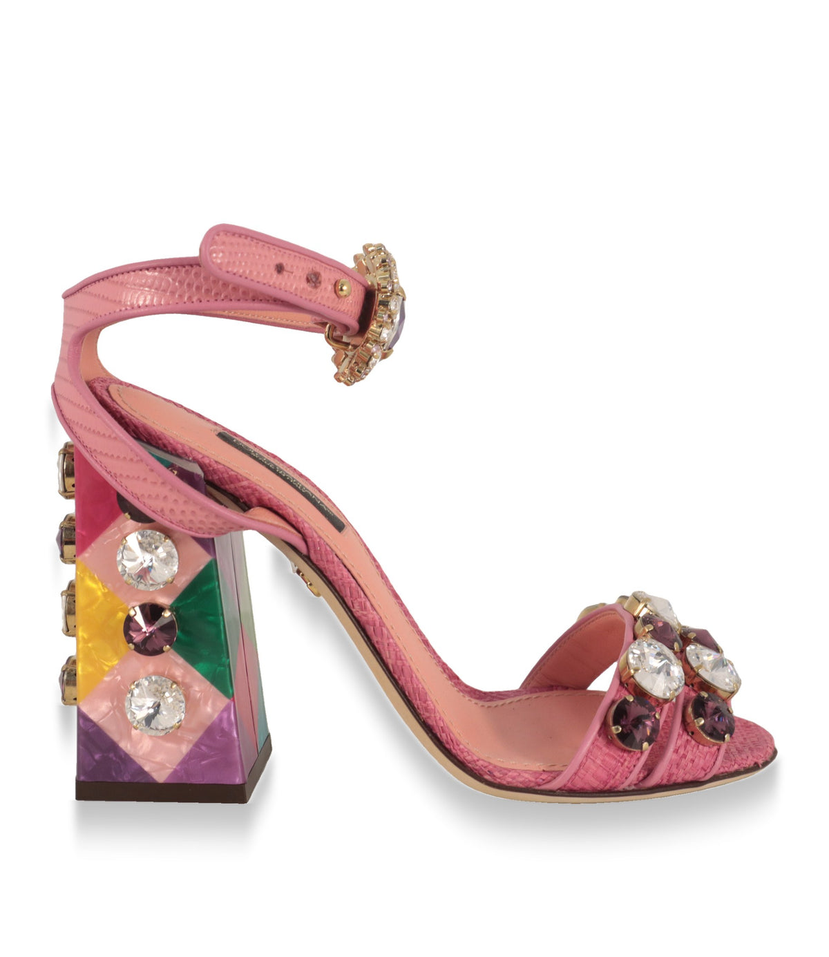 Dolce & Gabbana Sandaletten in Rosa aus Stroh mit Kristallen und mehrfarbigem Blockabsatz, Seitenansicht