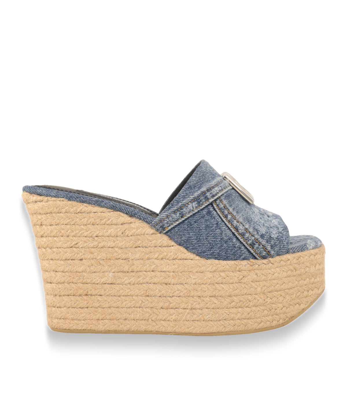Dolce & Gabbana Plateau-Sandalen aus blauem Denim mit geflochtenem Jute-Keilabsatz, Seitenansicht