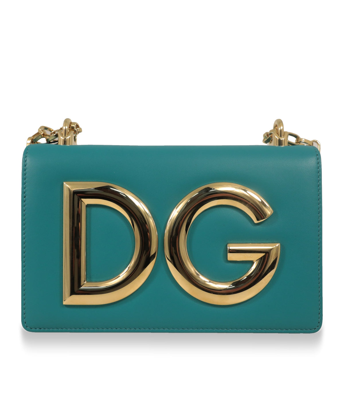 Dolce & Gabbana Schultertasche aus türkisem Nappaleder mit goldenem DG-Logo, Frontansicht