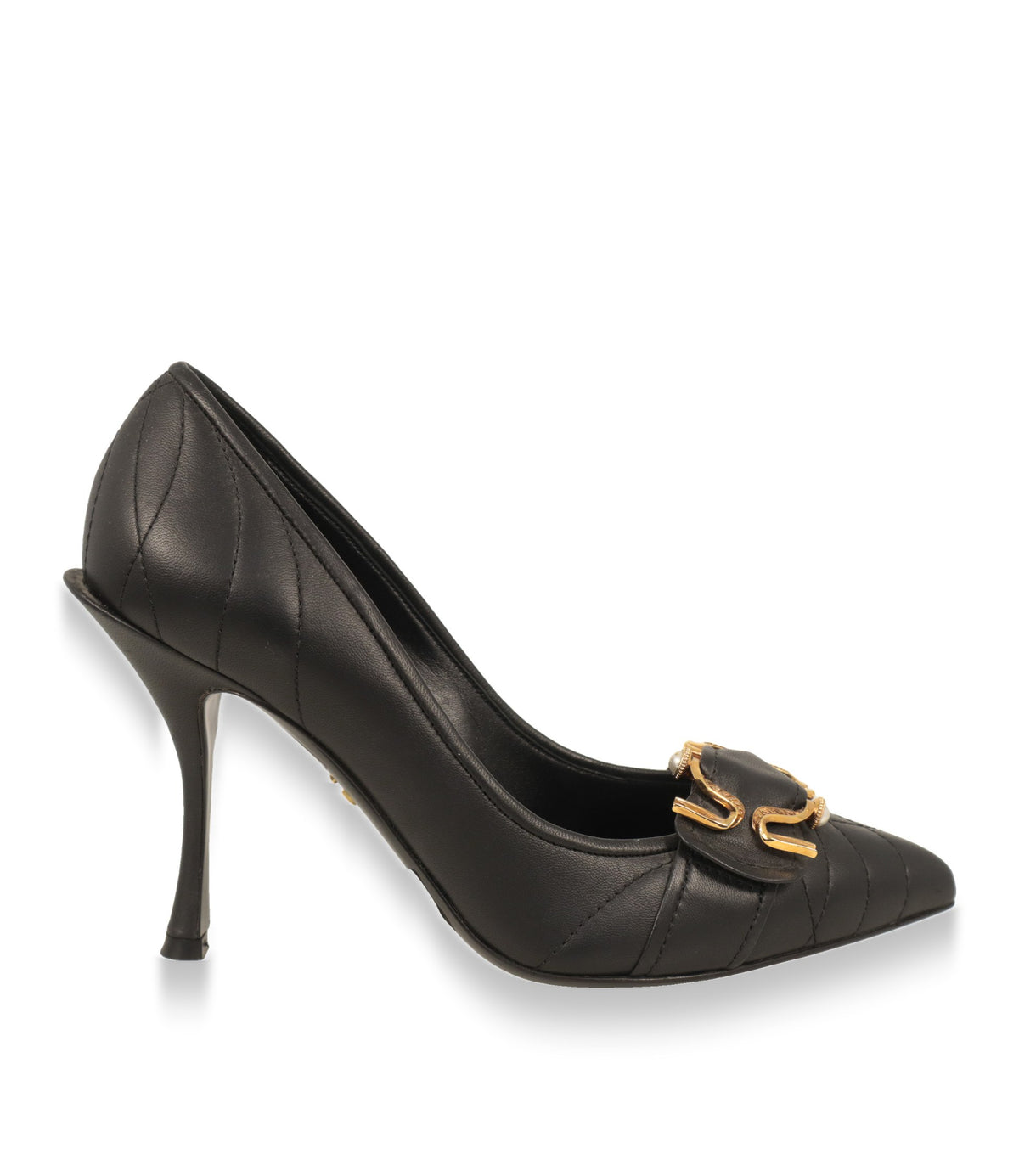 Dolce & Gabbana Pumps aus schwarzem Leder in der Seitenansicht mit schlankem Stiletto-Absatz