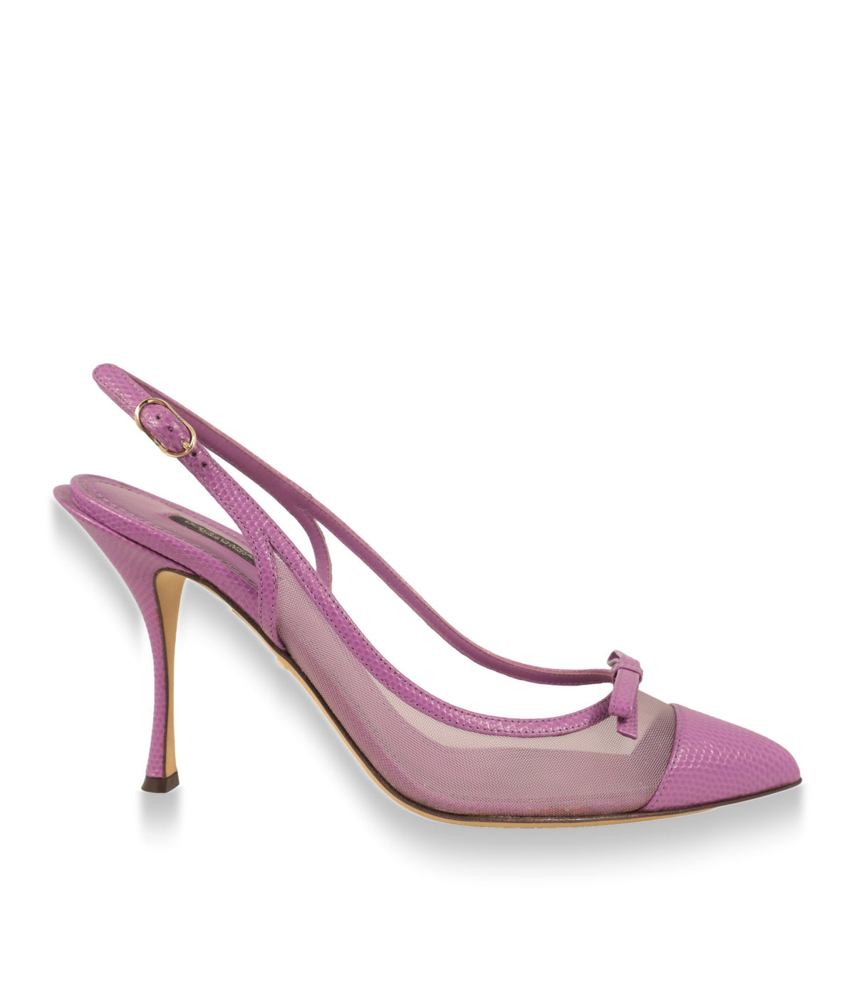 Dolce & Gabbana Slingback Pumps in Violett aus Leder mit Mesh, Seitenansicht mit Stiletto-Absatz