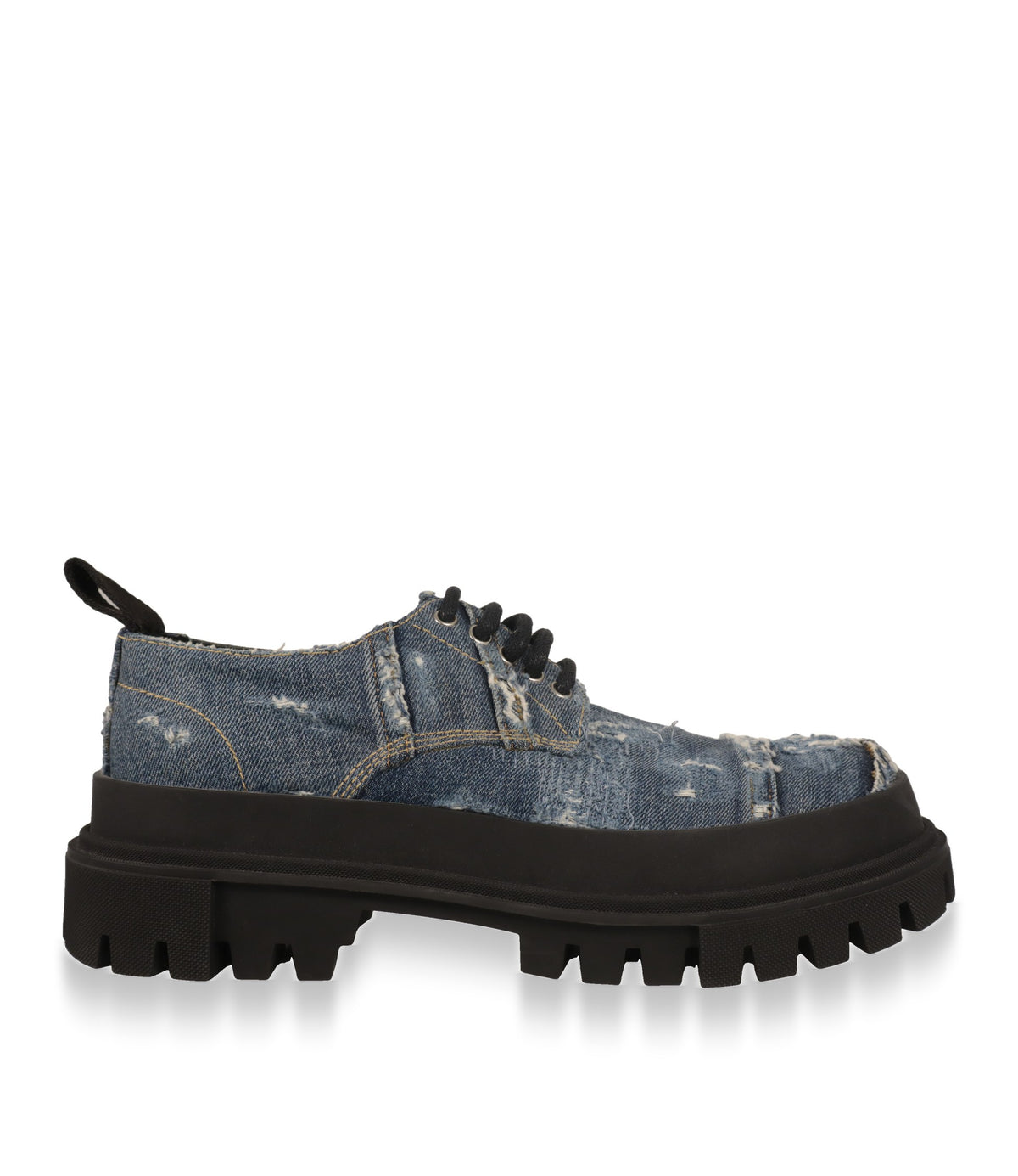 Dolce & Gabbana Derby Schuhe aus blauem Denim in der Seitenansicht mit schwarzer Plateausohle